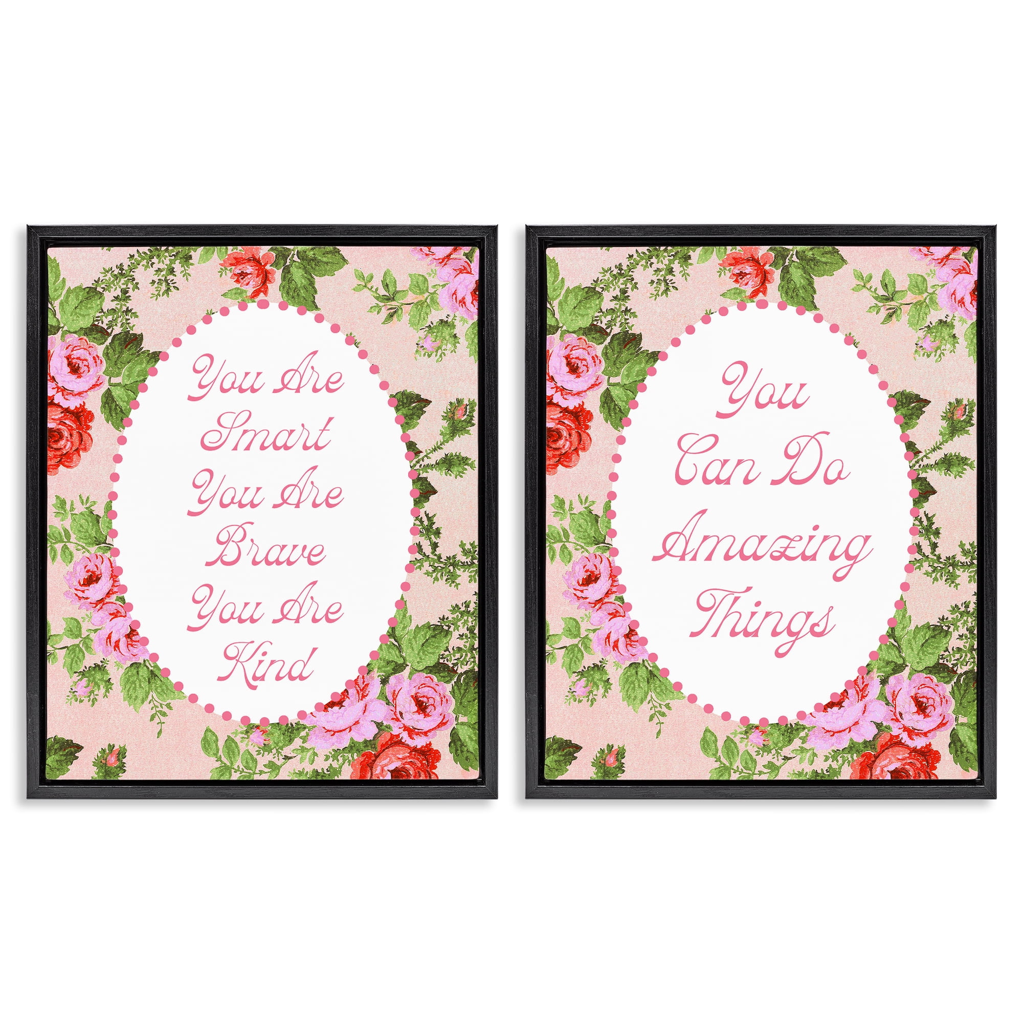 Stupell Industries Inspirations with Vintage Florals 2 Piece Black Framed Floater Canvas Set, design by Lil' Rue