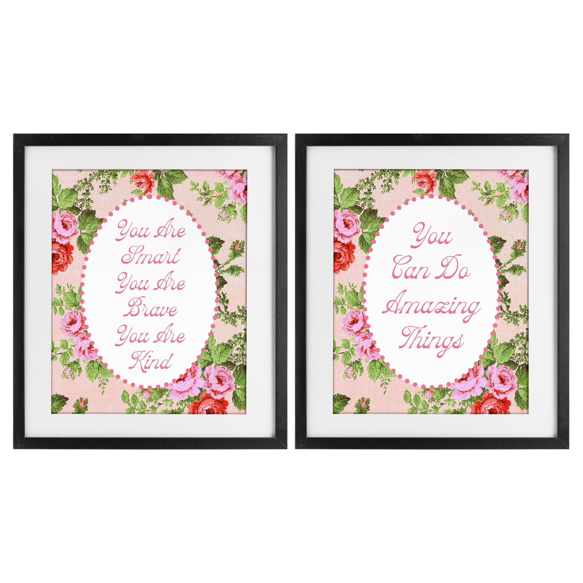 Stupell Industries Inspirations with Vintage Florals 2 Piece Black Framed Print Under Glass Set, design by Lil' Rue
