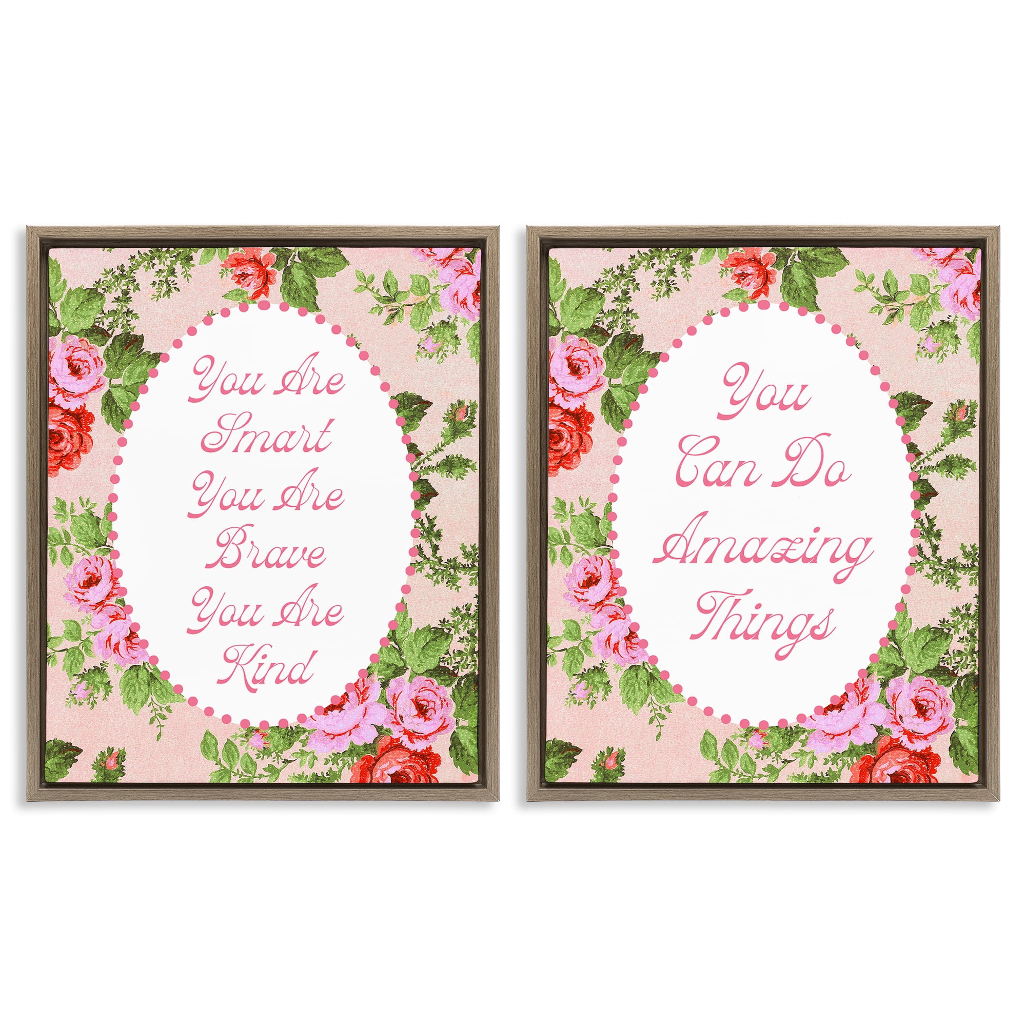 Stupell Industries Inspirations with Vintage Florals 2 Piece Brown Framed Floater Canvas Set, design by Lil' Rue