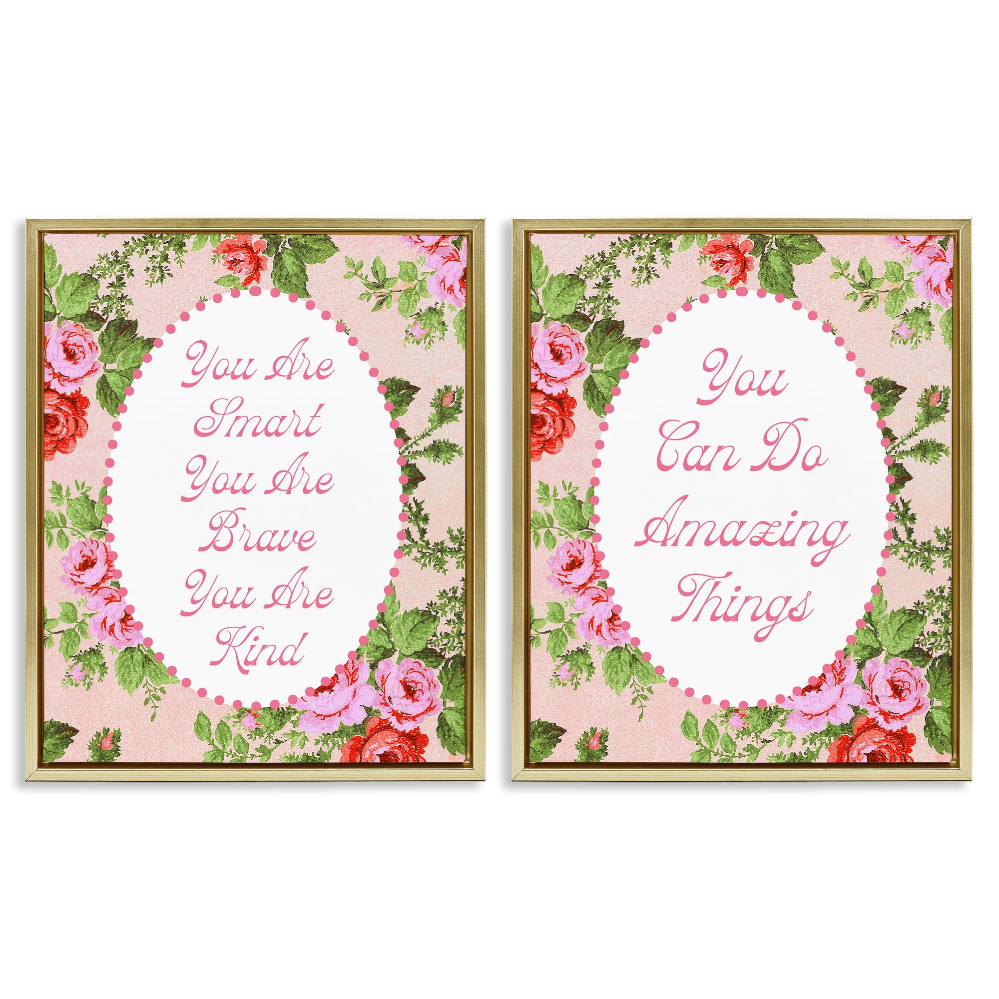 Stupell Industries Inspirations with Vintage Florals 2 Piece Gold Framed Floater Canvas Set, design by Lil' Rue
