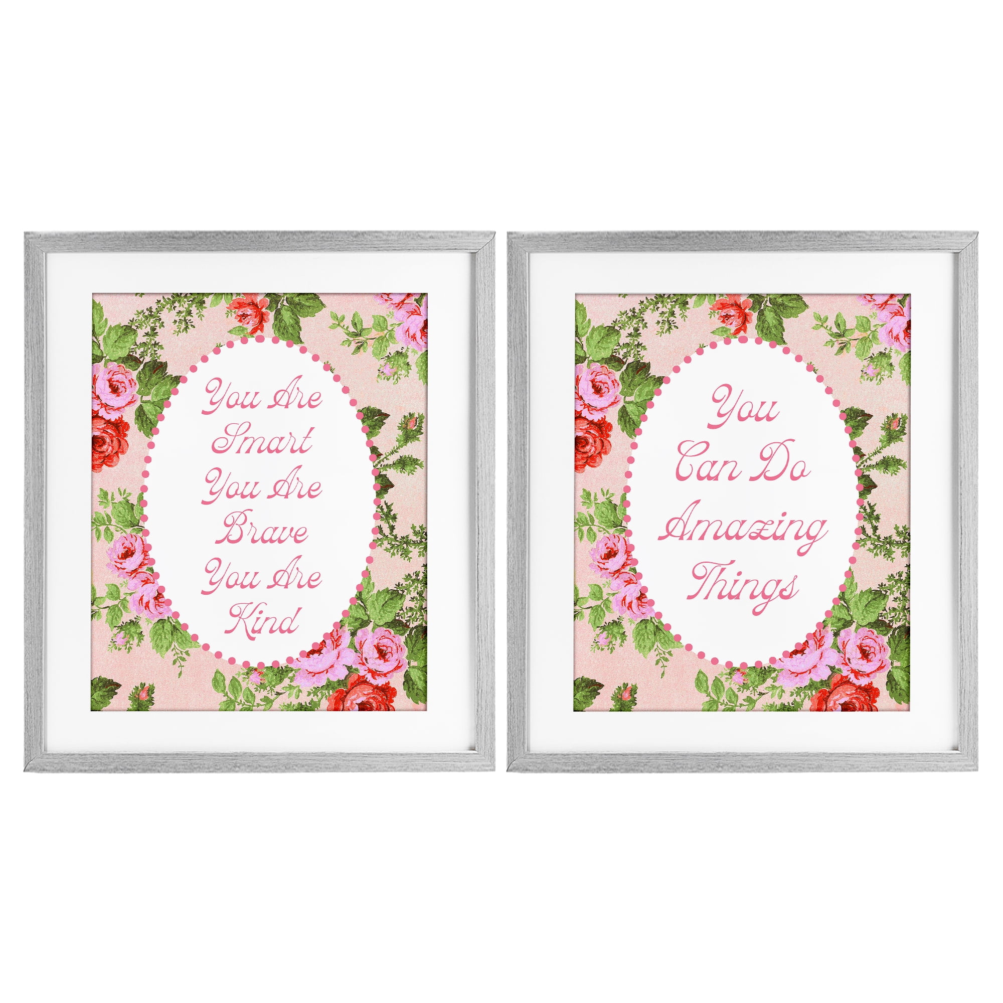 Stupell Industries Inspirations with Vintage Florals 2 Piece Gray Framed Print Under Glass Set, design by Lil' Rue