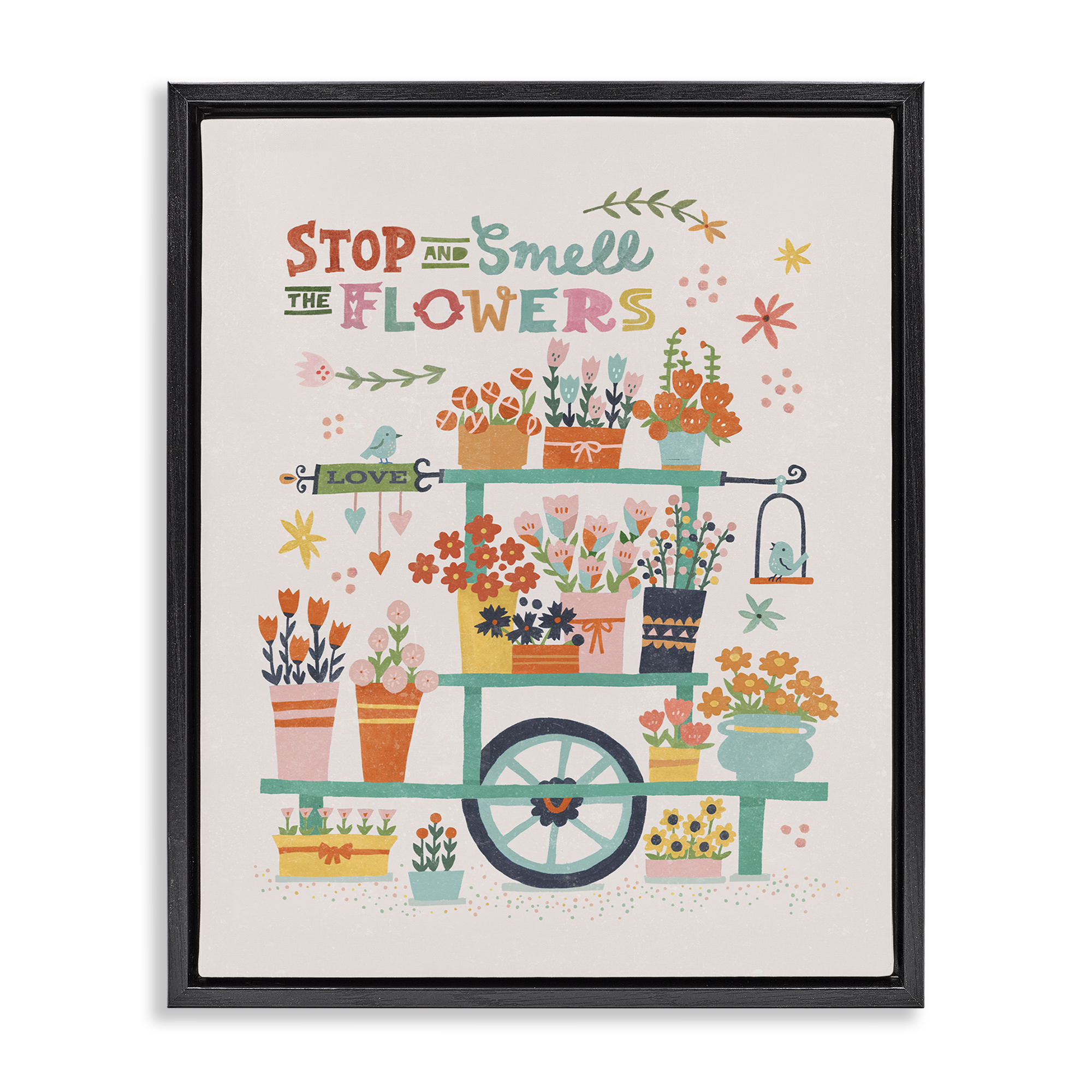 Stupell Industries Inspiring Assorted Flower Cart Plants & Flowers Painting Black Floater Framed Canvas Art Print Wall Art, 17 x 21