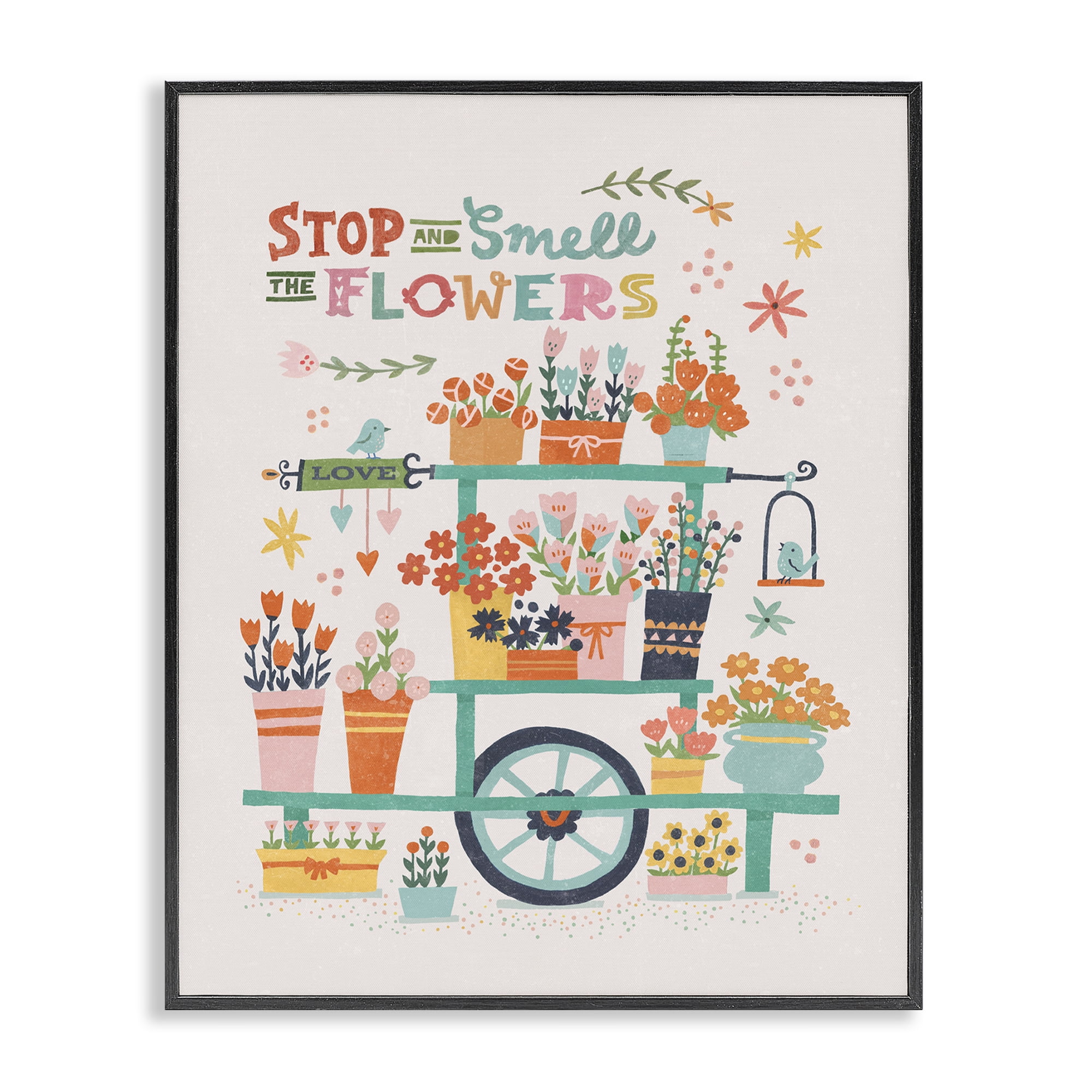 Stupell Industries Inspiring Assorted Flower Cart Plants & Flowers Painting Black Framed Art Print Wall Art, 11 x 14
