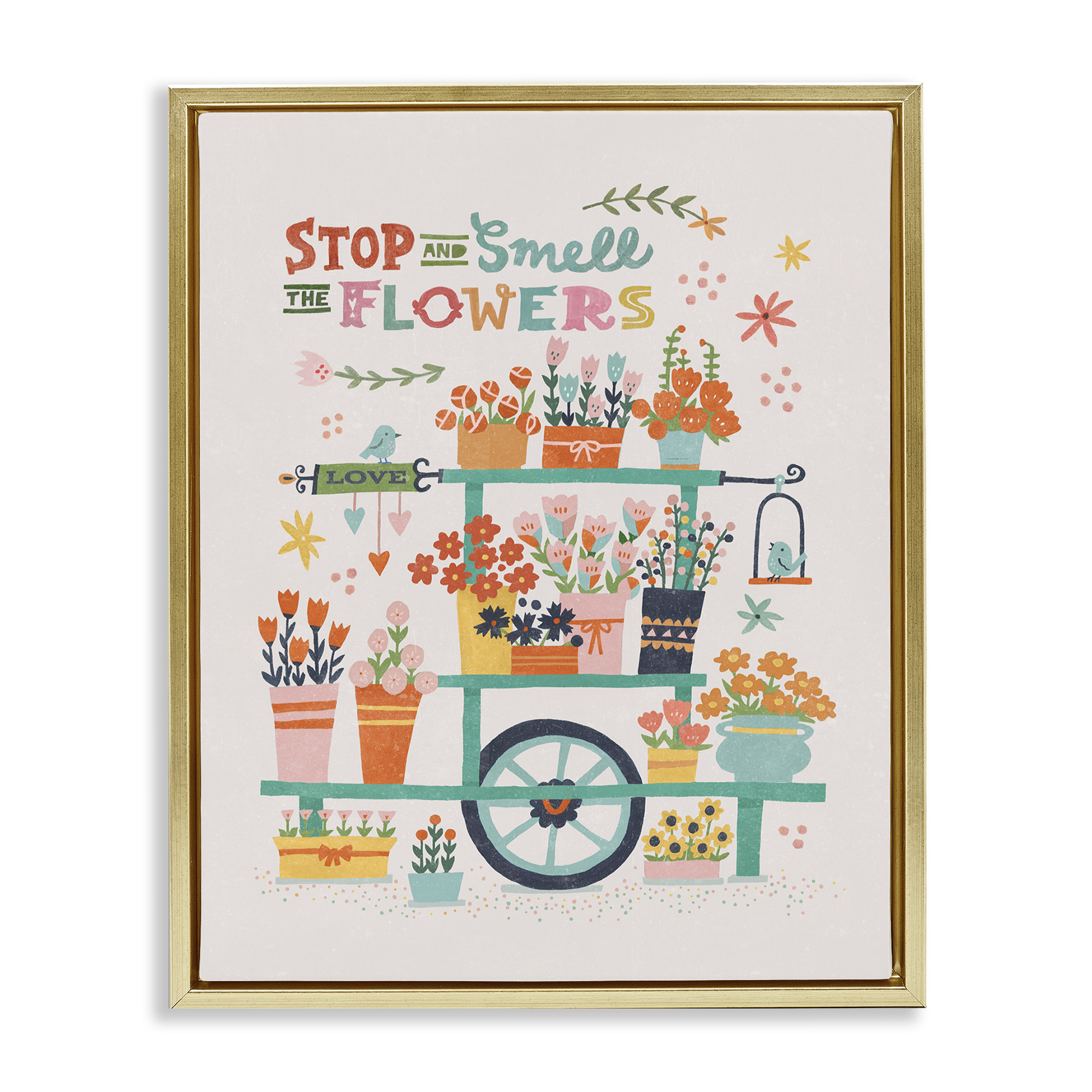 Stupell Industries Inspiring Assorted Flower Cart Plants & Flowers Painting Gold Floater Framed Canvas Art Print Wall Art, 25 x 31