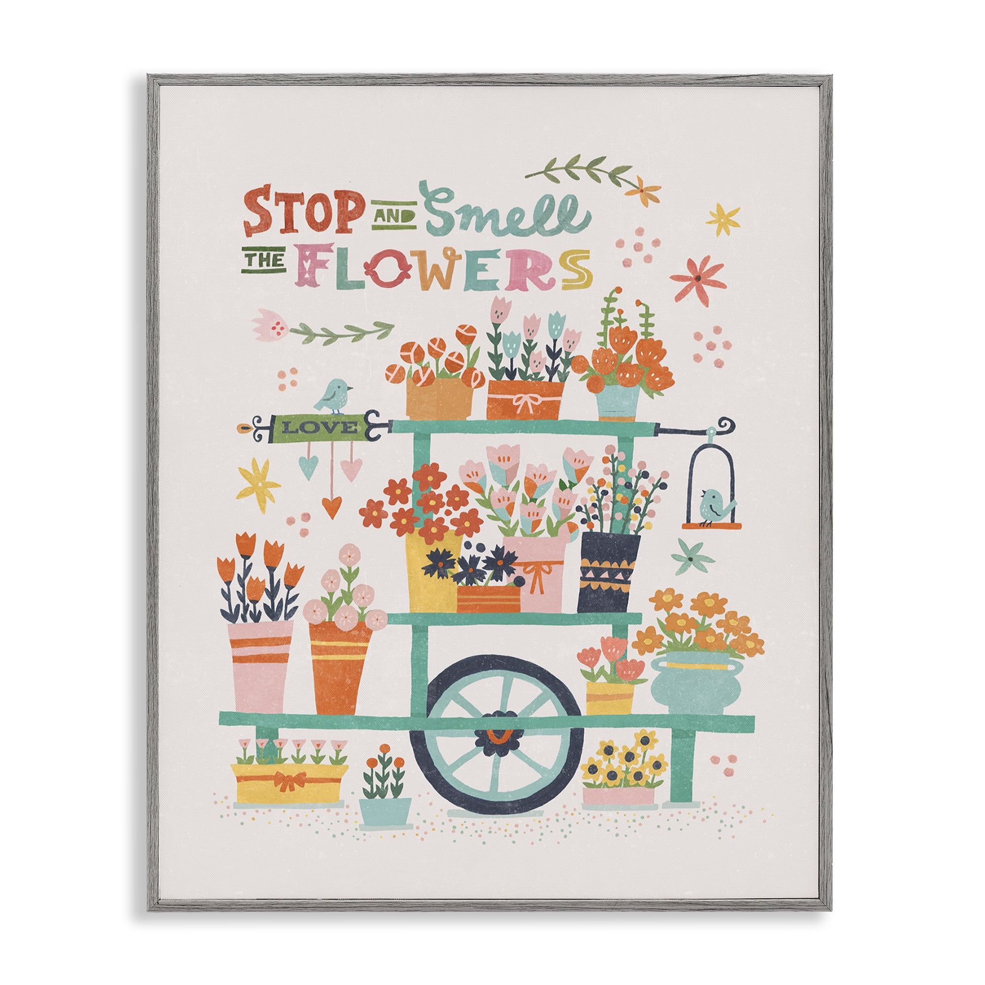 Stupell Industries Inspiring Assorted Flower Cart Plants & Flowers Painting Gray Framed Art Print Wall Art, 16 x 20