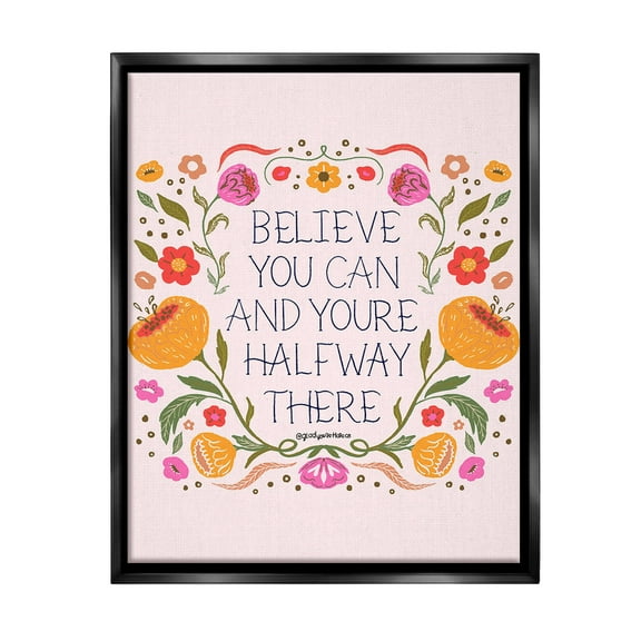Stupell Industries Inspiring Believe with Florals Inspirational Painting Black Floater Framed Canvas Art Print Wall Art, 17 x 21