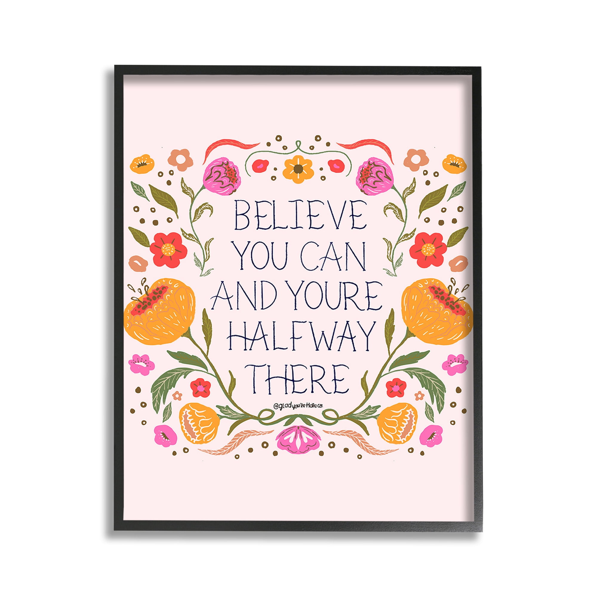 Stupell Industries Inspiring Believe with Florals Inspirational Painting Black Framed Art Print Wall Art, 11 x 14