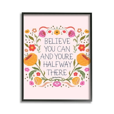 Stupell Industries Inspiring Believe with Florals Inspirational Painting Black Framed Art Print Wall Art, 11 x 14