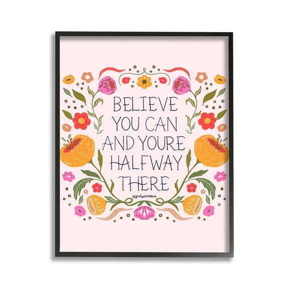 Stupell Industries Inspiring Believe with Florals Inspirational Painting Black Framed Art Print Wall Art, 11 x 14