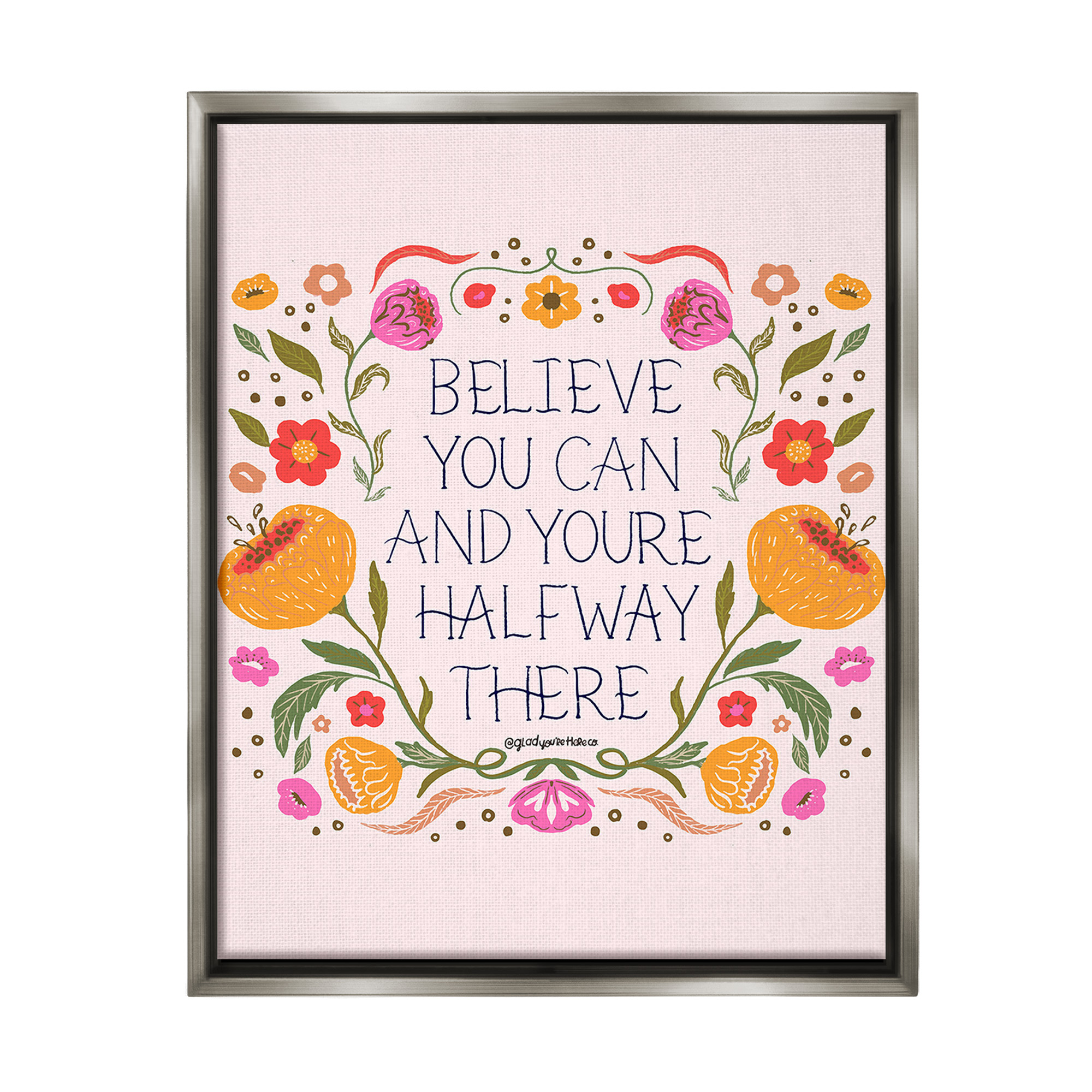 Stupell Industries Inspiring Believe with Florals Inspirational Painting Gray Floater Framed Canvas Art Print Wall Art, 25 x 31
