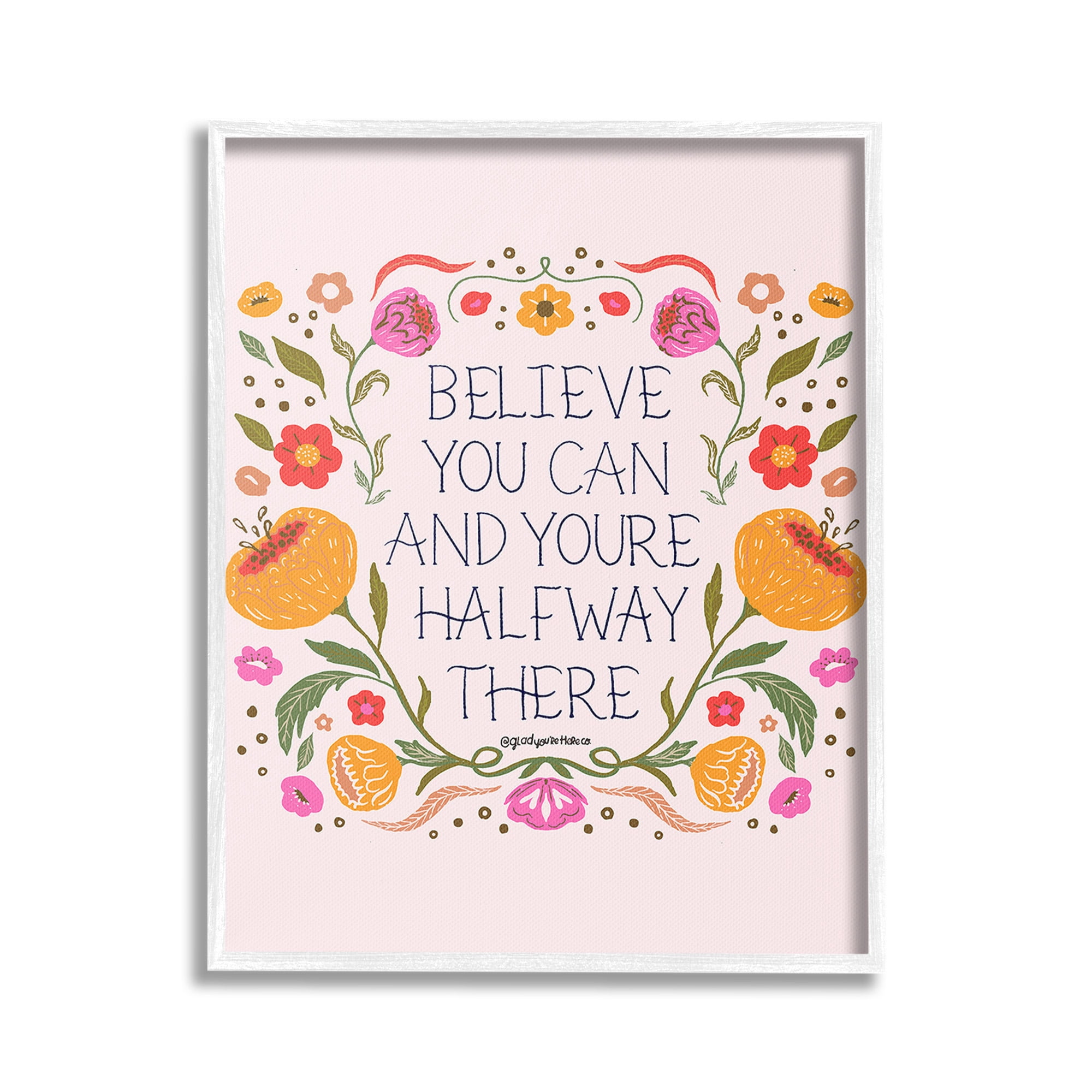 Stupell Industries Inspiring Believe with Florals Inspirational Painting White Framed Art Print Wall Art, 24 x 30