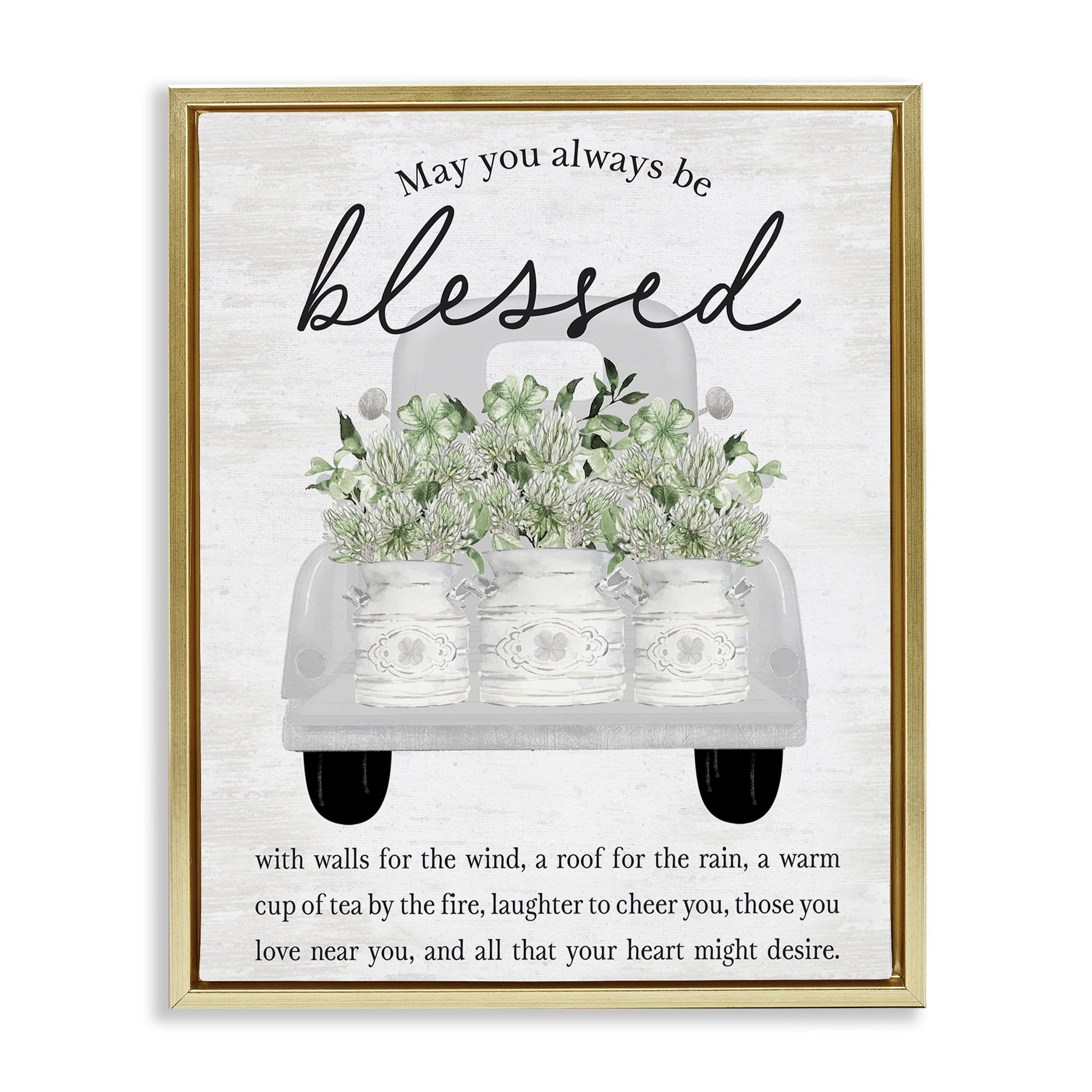 Stupell Industries Inspiring Blessed Phrase Botanical & Floral Painting Gold Floater Framed Canvas Art Print Wall Art, 17 x 21