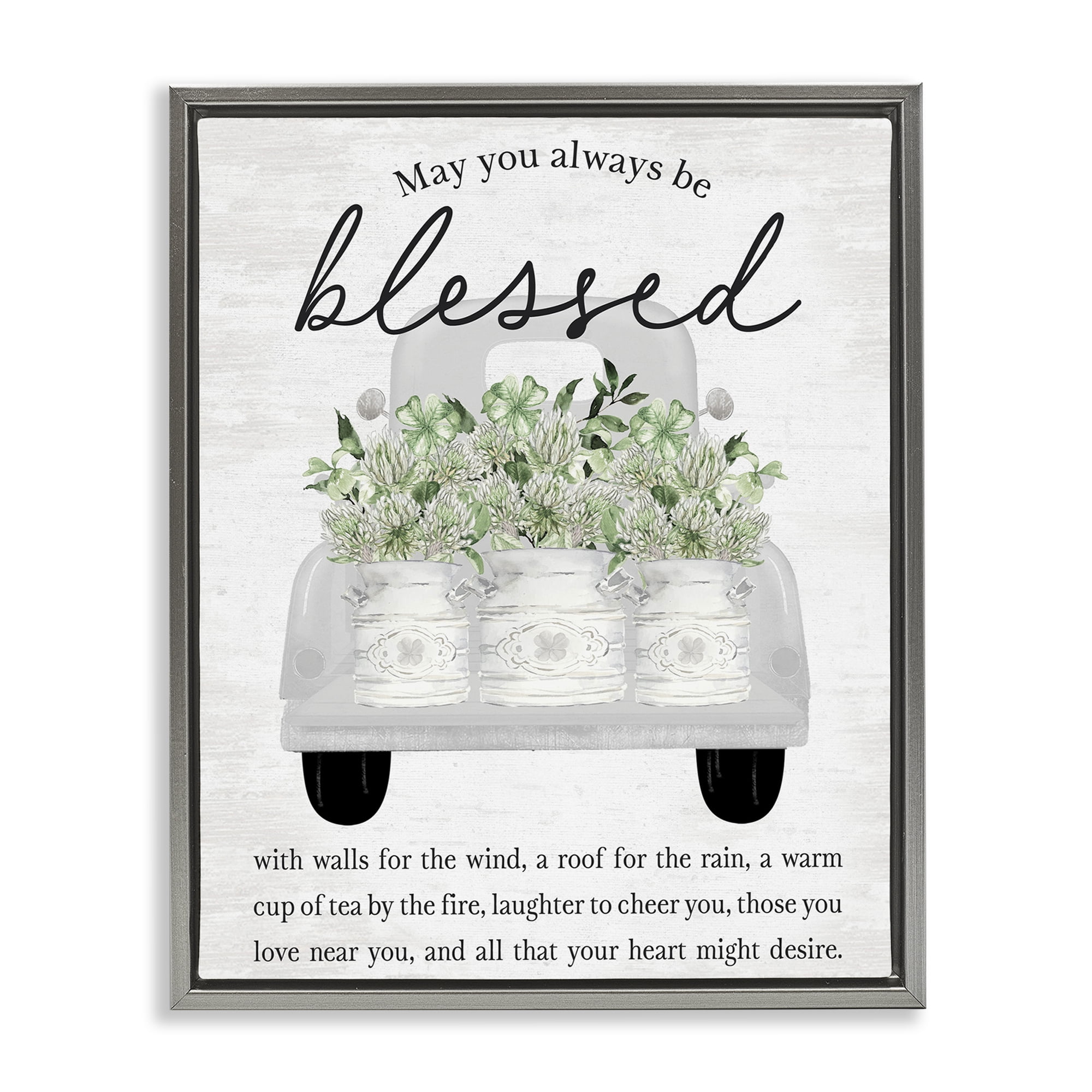 Stupell Industries Inspiring Blessed Phrase Botanical & Floral Painting Gray Floater Framed Canvas Art Print Wall Art, 17 x 21