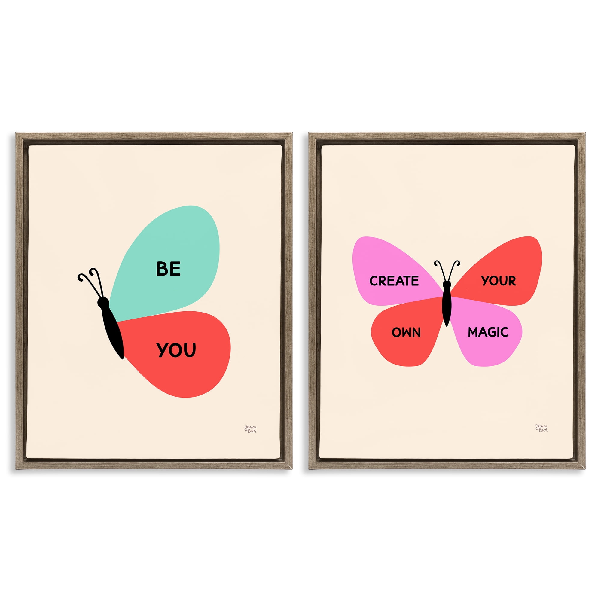 Stupell Industries Inspiring Butterfly Sentiments Animals Painting Brown Floater Framed Canvas Art Print Wall Art, 31 x 25, Set of 2