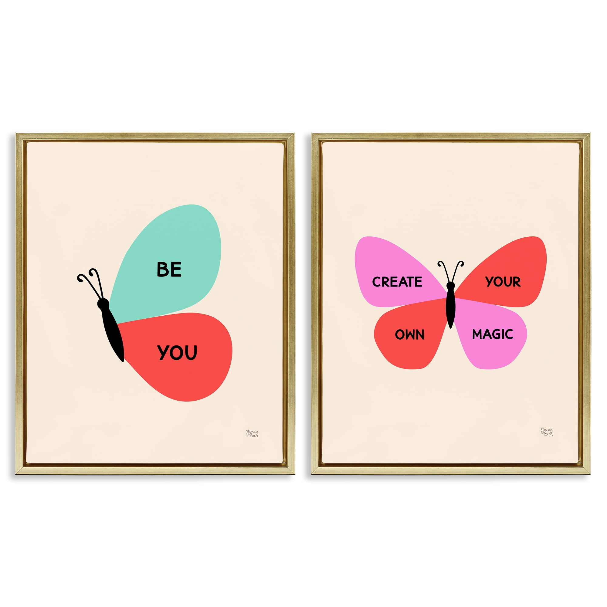 Stupell Industries Inspiring Butterfly Sentiments Animals Painting Gold Floater Framed Canvas Art Print Wall Art, 17 x 21, Set of 2
