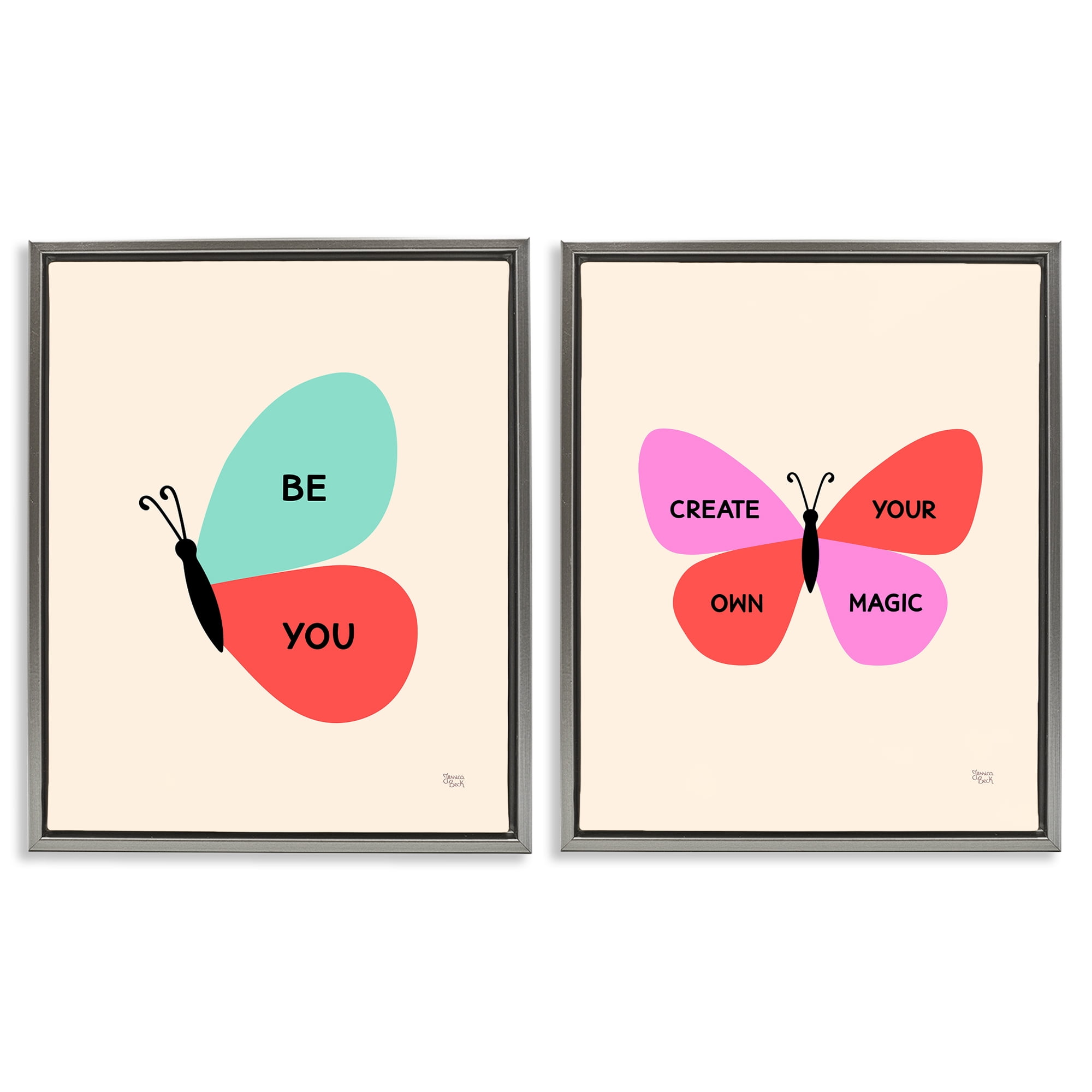 Stupell Industries Inspiring Butterfly Sentiments Animals Painting Gray Floater Framed Canvas Art Print Wall Art, 17 x 21, Set of 2