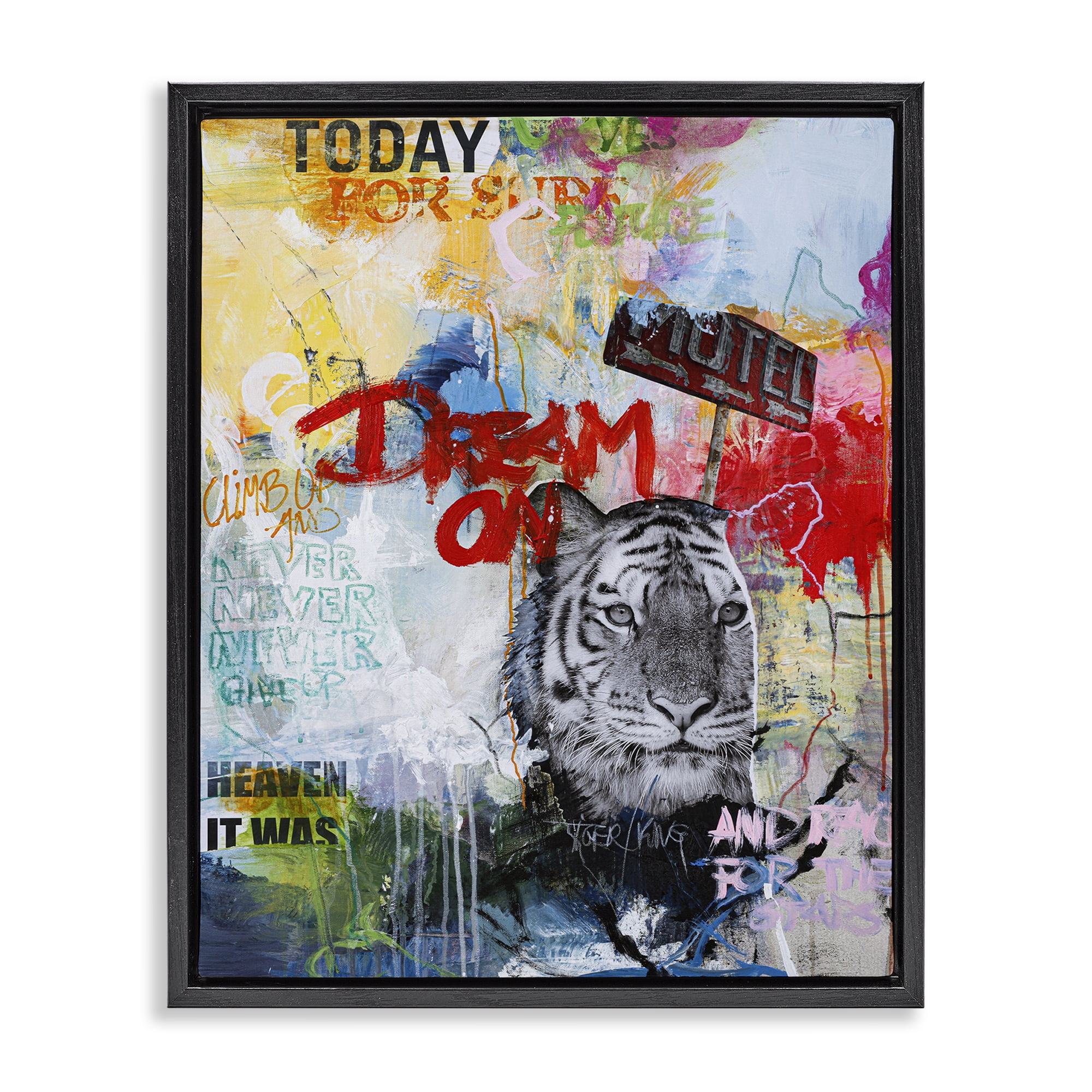 Stupell Industries Inspiring Graffiti & Tiger Abstract Painting Black Floater Framed Canvas Art Print Wall Art, 25 x 31