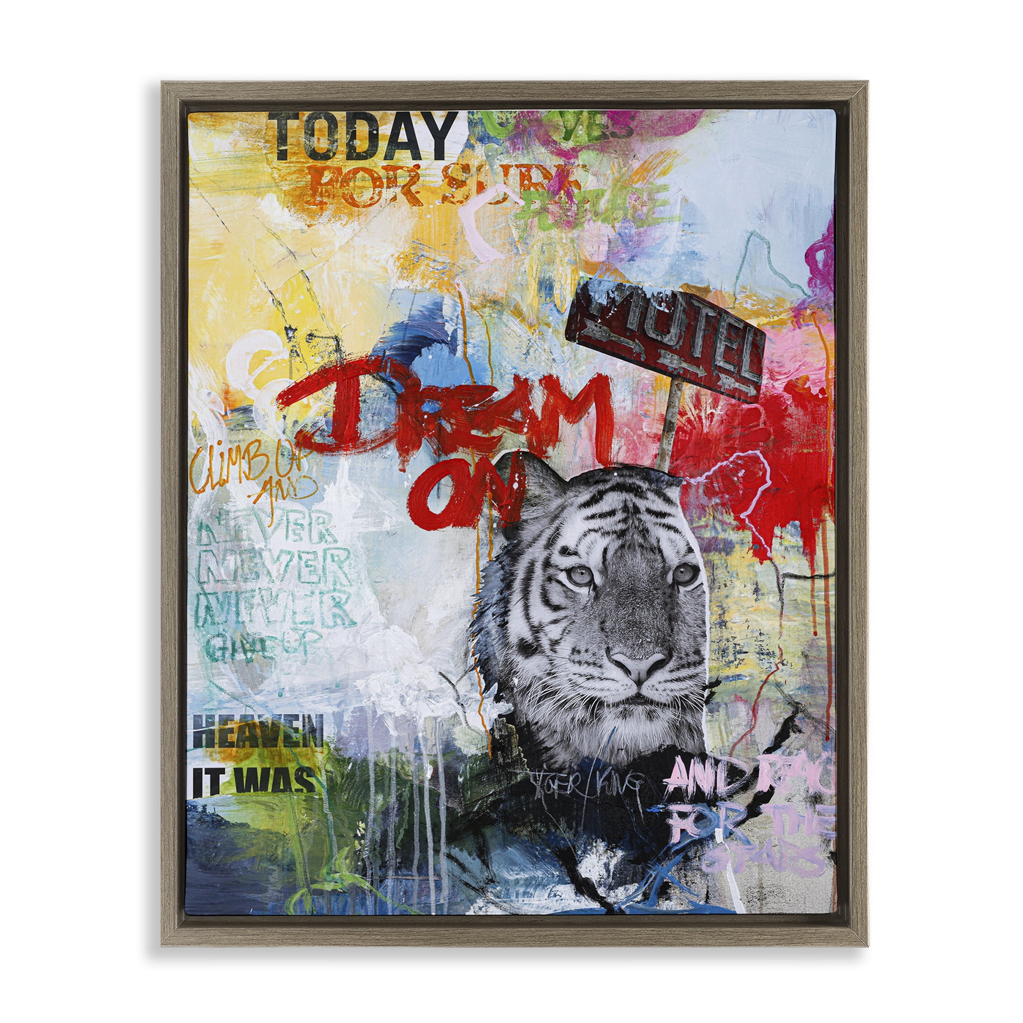 Stupell Industries Inspiring Graffiti & Tiger Abstract Painting Brown Floater Framed Canvas Art Print Wall Art, 17 x 21