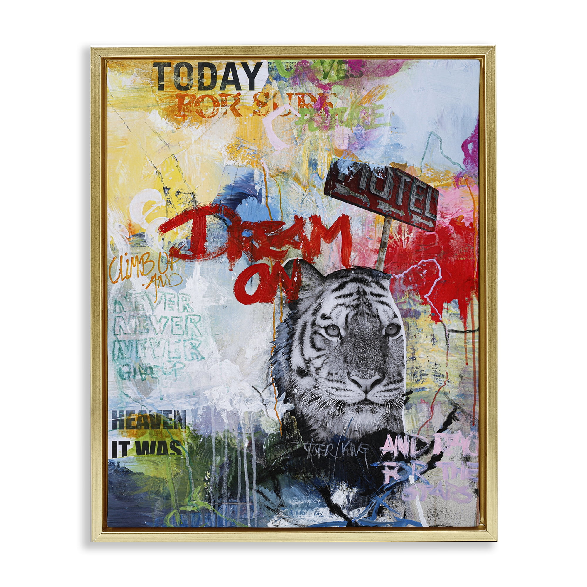 Stupell Industries Inspiring Graffiti & Tiger Abstract Painting Gold Floater Framed Canvas Art Print Wall Art, 17 x 21