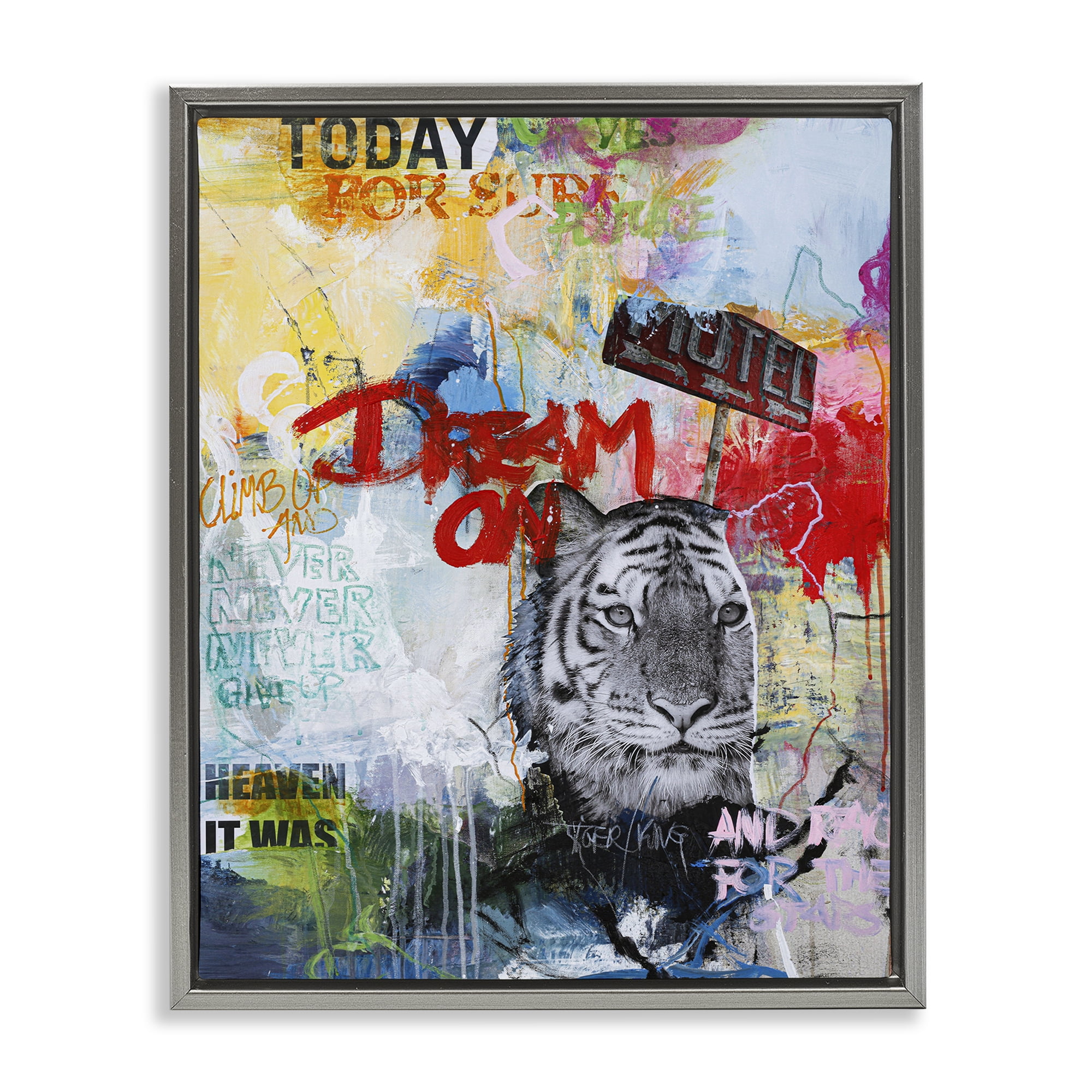 Stupell Industries Inspiring Graffiti & Tiger Abstract Painting Gray Floater Framed Canvas Art Print Wall Art, 17 x 21