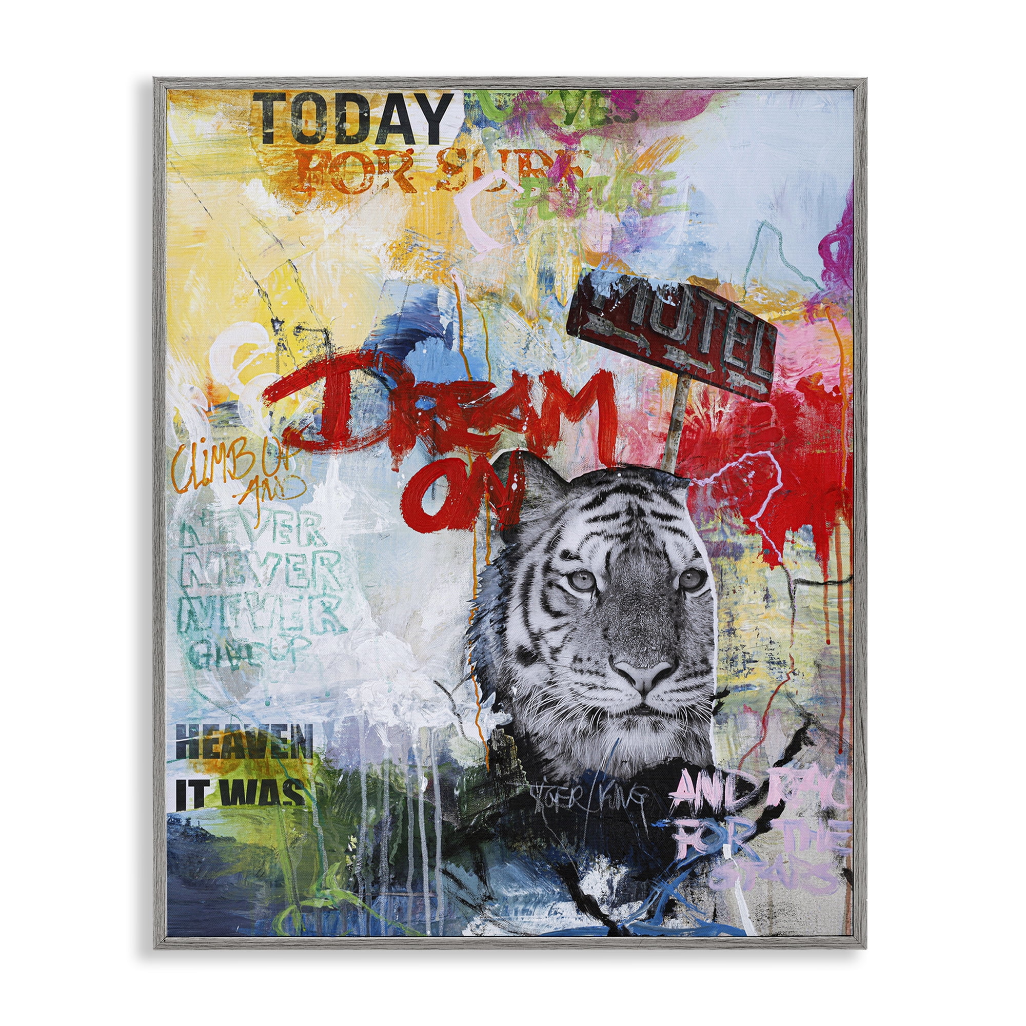 Stupell Industries Inspiring Graffiti & Tiger Abstract Painting Gray Framed Art Print Wall Art, 16 x 20