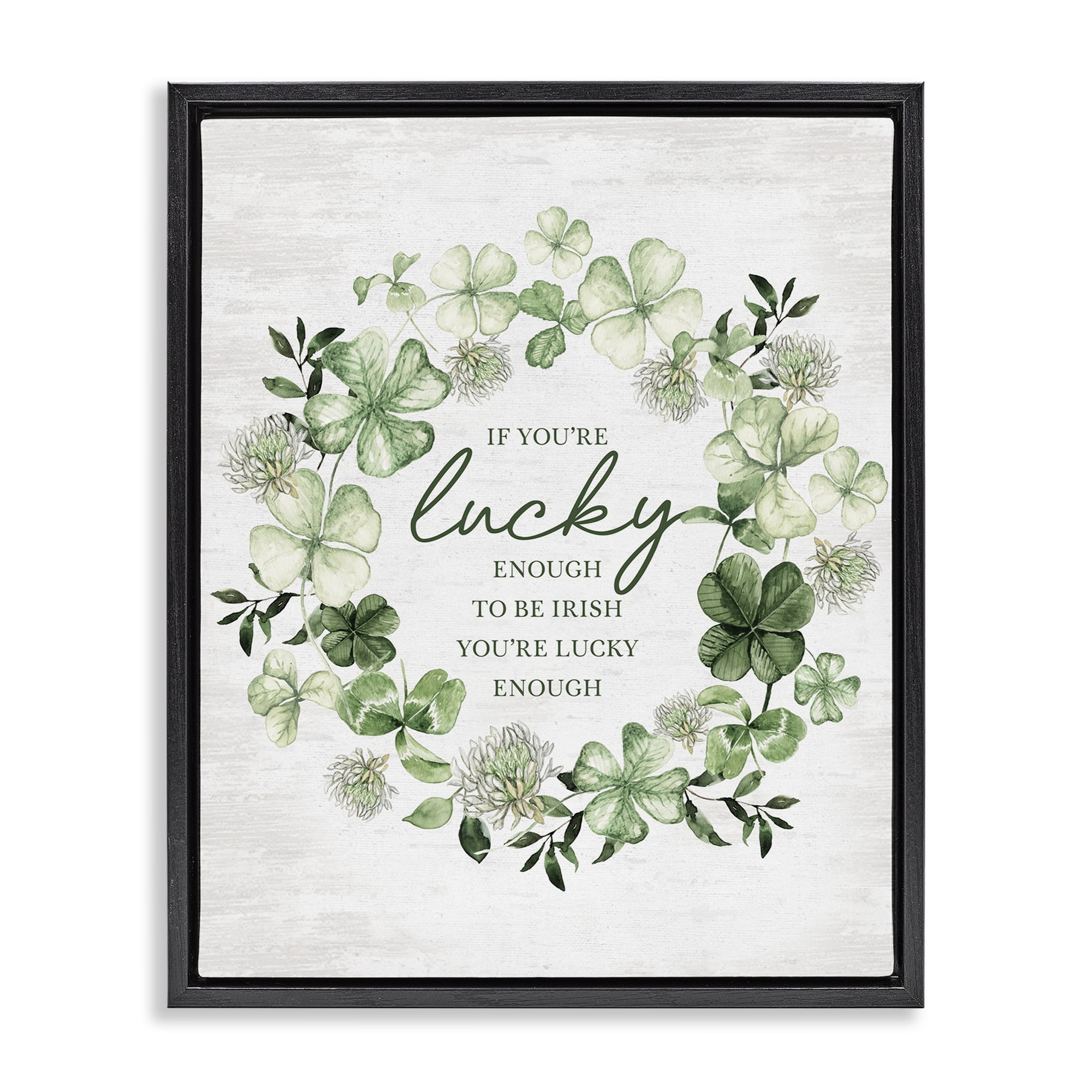 Stupell Industries Inspiring Lucky Wreath Botanical & Floral Painting Black Floater Framed Canvas Art Print Wall Art, 17 x 21