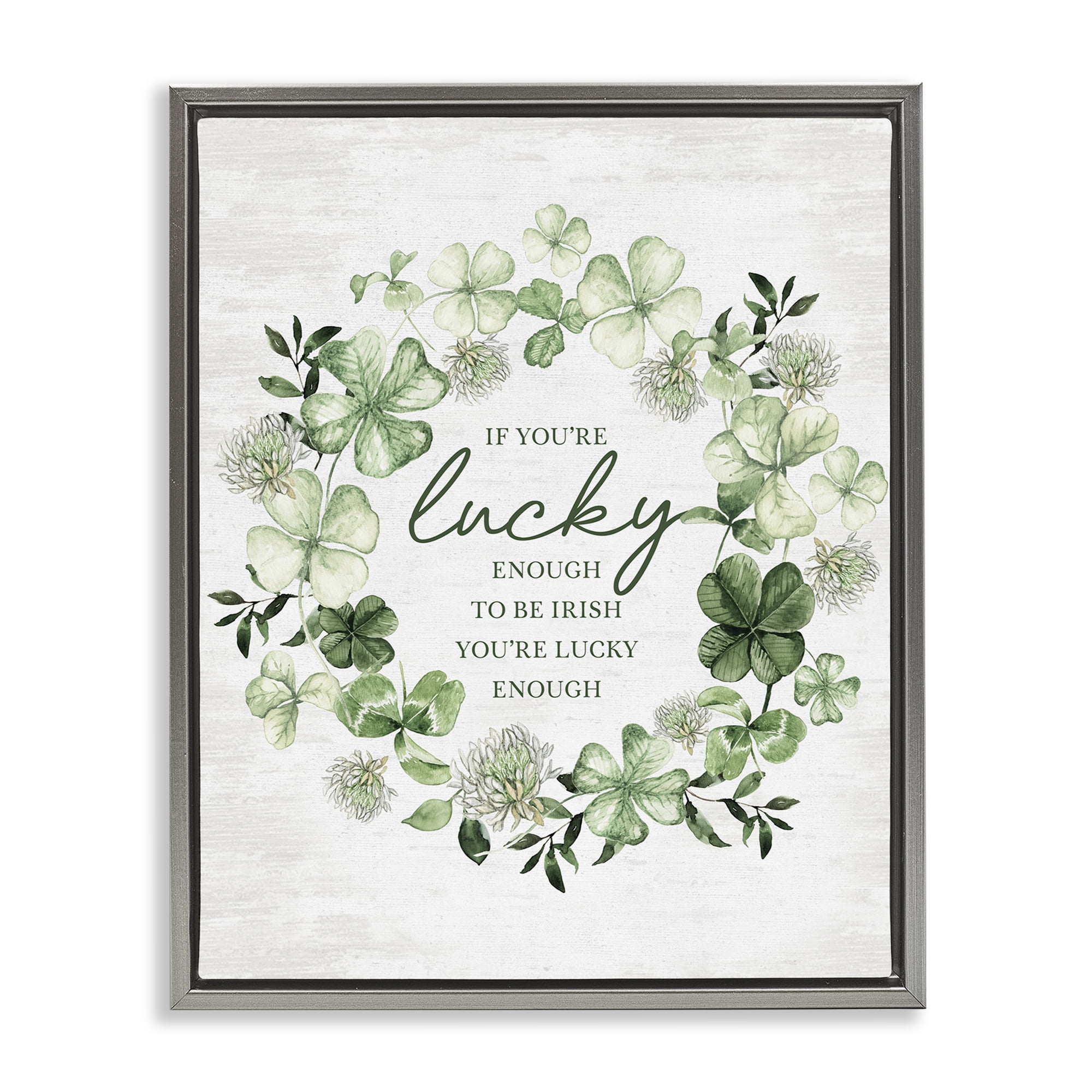 Stupell Industries Inspiring Lucky Wreath Botanical & Floral Painting Gray Floater Framed Canvas Art Print Wall Art, 25 x 31