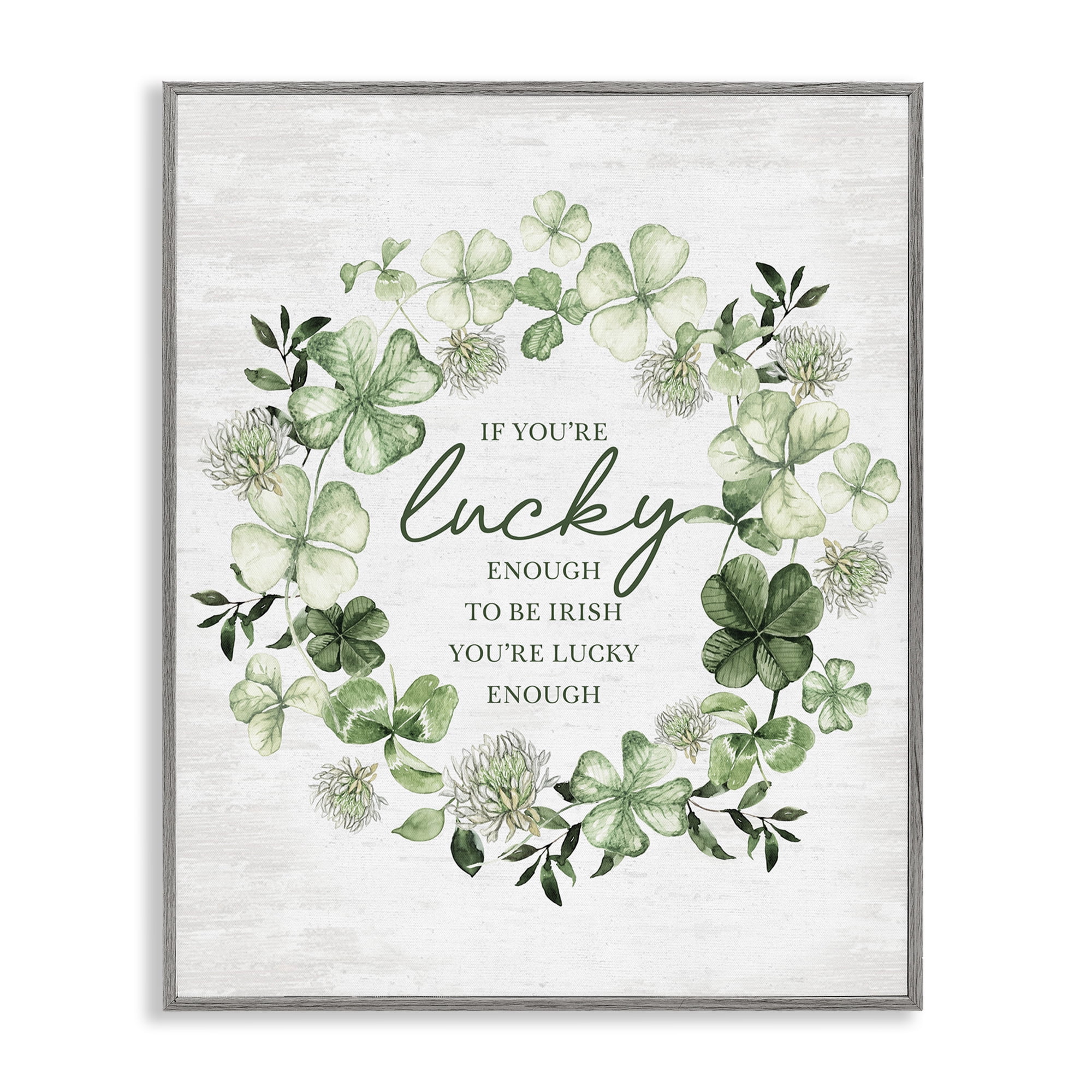 Stupell Industries Inspiring Lucky Wreath Botanical & Floral Painting Gray Framed Art Print Wall Art, 16 x 20
