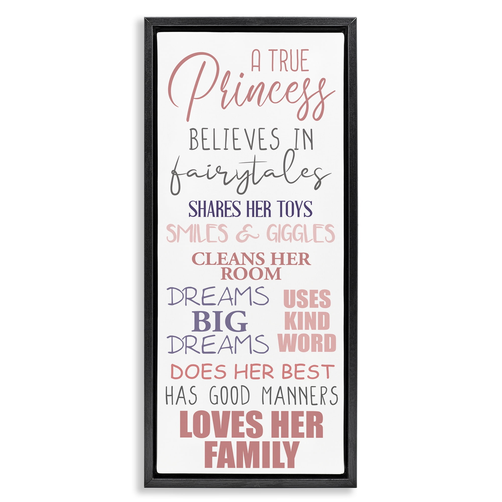 Stupell Industries Inspiring True Princess Rules Inspirational Painting Black Floater Framed Canvas Art Print Wall Art, 15 x 31