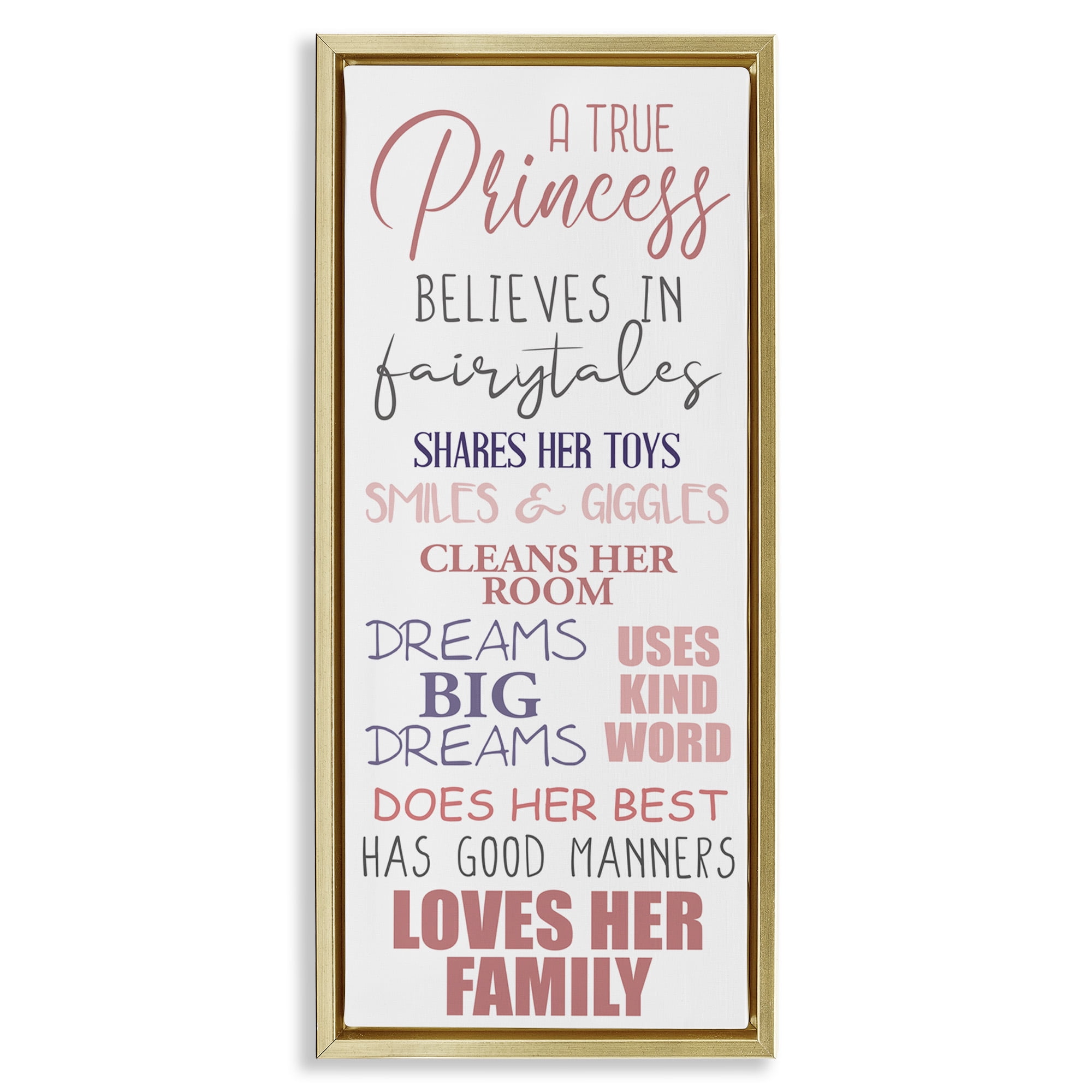 Stupell Industries Inspiring True Princess Rules Inspirational Painting Gold Floater Framed Canvas Art Print Wall Art, 11 x 25