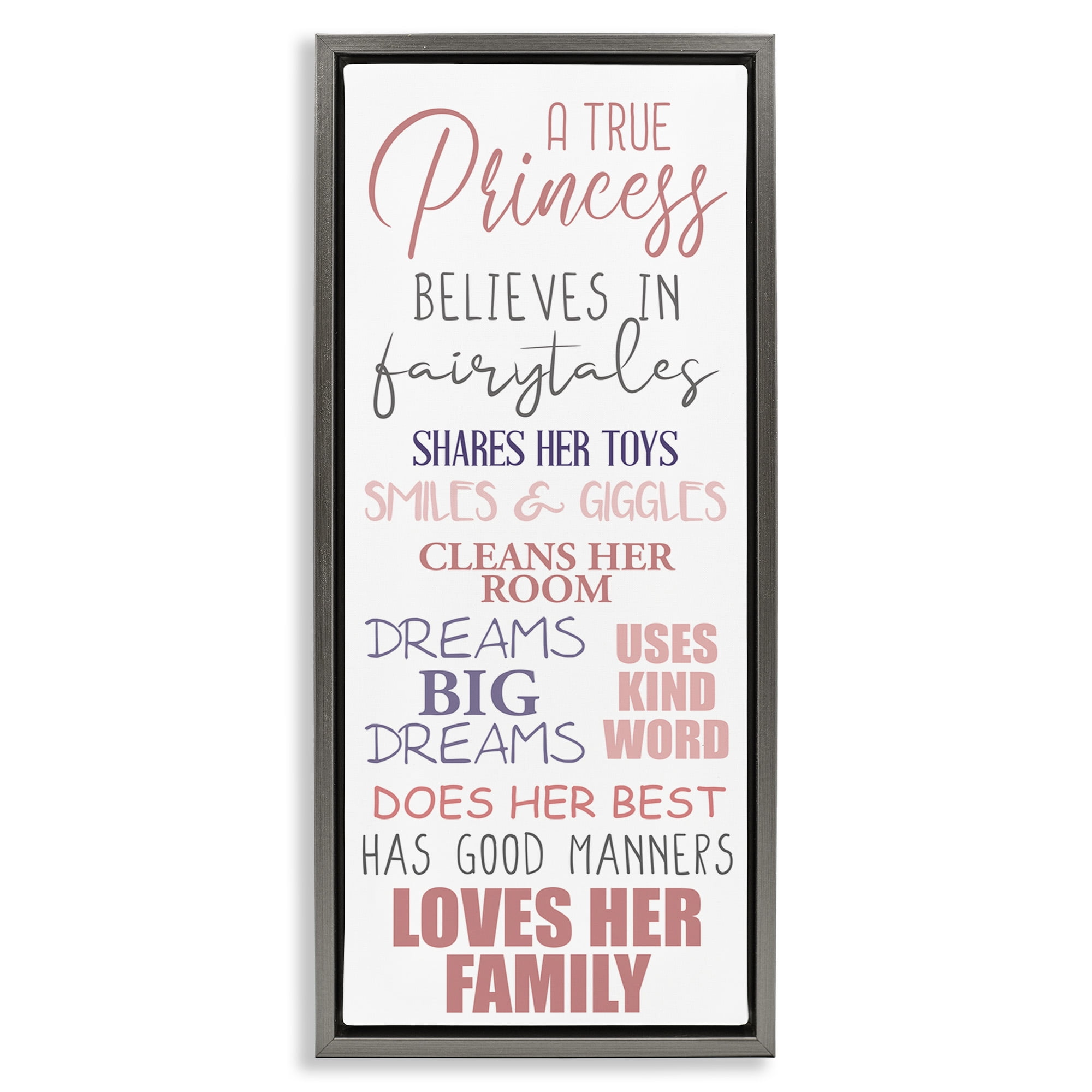 Stupell Industries Inspiring True Princess Rules Inspirational Painting Gray Floater Framed Canvas Art Print Wall Art, 15 x 31