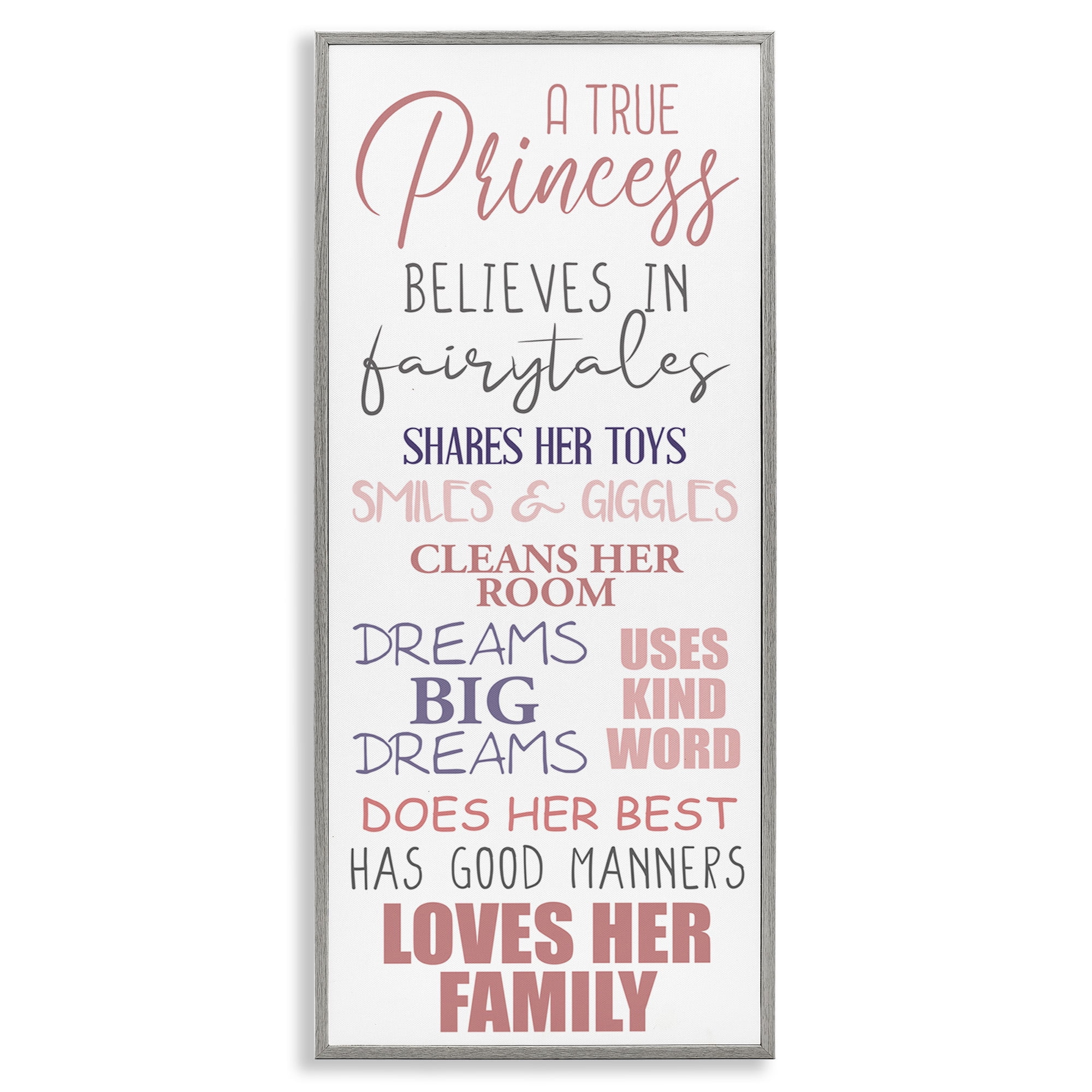 Stupell Industries Inspiring True Princess Rules Inspirational Painting Gray Framed Art Print Wall Art, 13 x 30