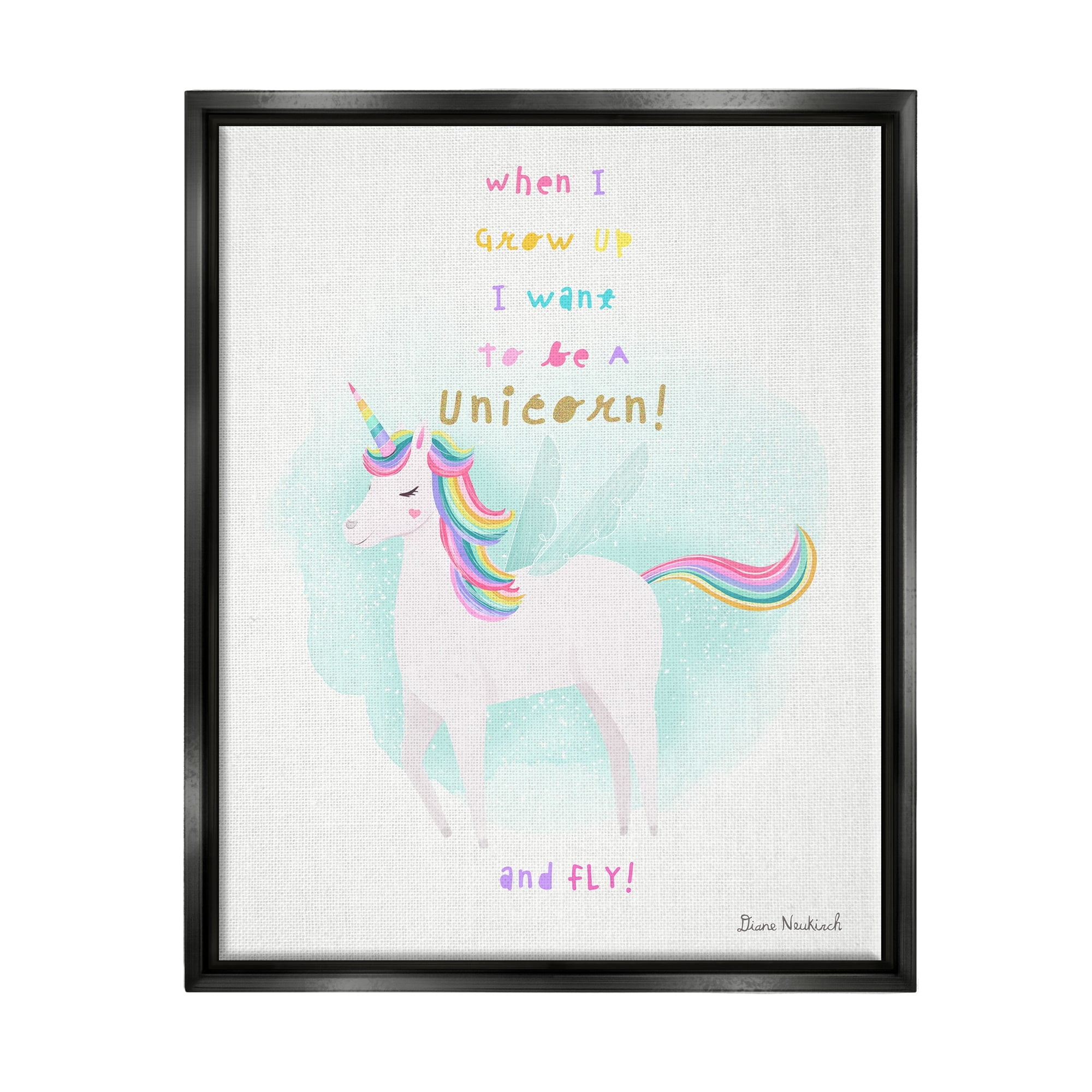 Stupell Industries Inspiring Unicorn Quote Mythical Fantasy Rainbow Design Graphic Art Jet Black Floating Framed Canvas Print Wall Art, Design by Diane Neukirch
