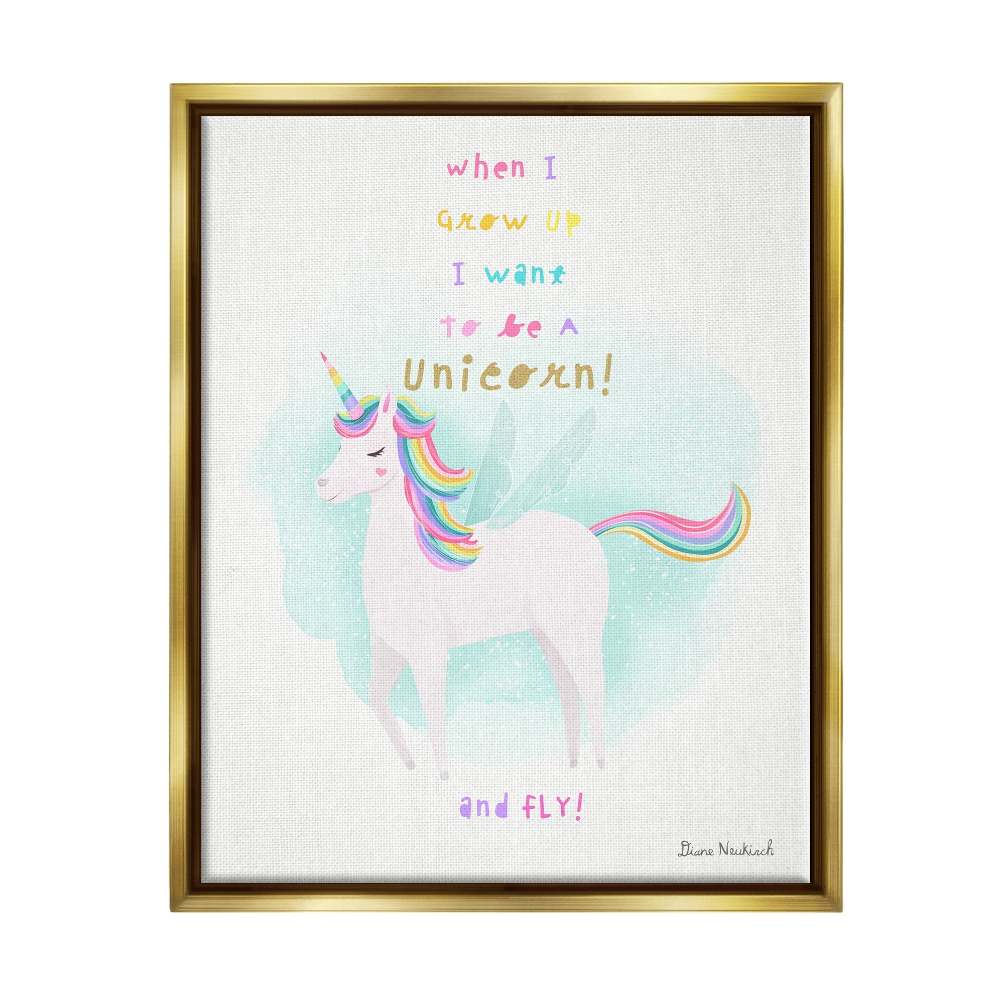 Stupell Industries Inspiring Unicorn Quote Mythical Fantasy Rainbow Design Graphic Art Metallic Gold Floating Framed Canvas Print Wall Art, Design by Diane Neukirch