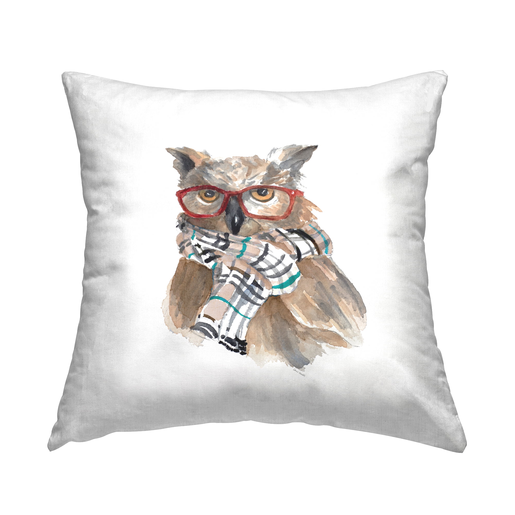 Stupell Industries Intelligent Owl Red Glasses Plaid Scarf Design by Lanie Loreth Throw Pillow