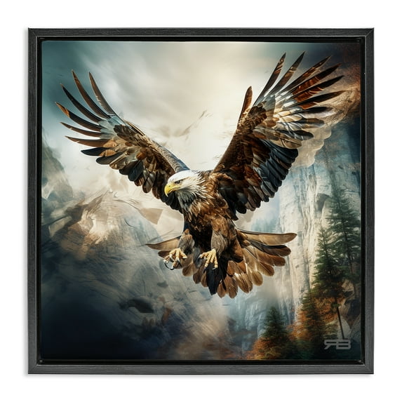Stupell Industries Intense Eagle Spreading Wings Animals & Insects Painting Black Floater Framed Canvas Art Print Wall Art, 18 x 18