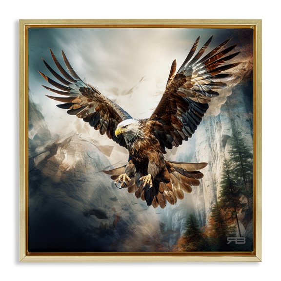 Stupell Industries Intense Eagle Spreading Wings Animals & Insects Painting Gold Floater Framed Canvas Art Print Wall Art, 25 x 25