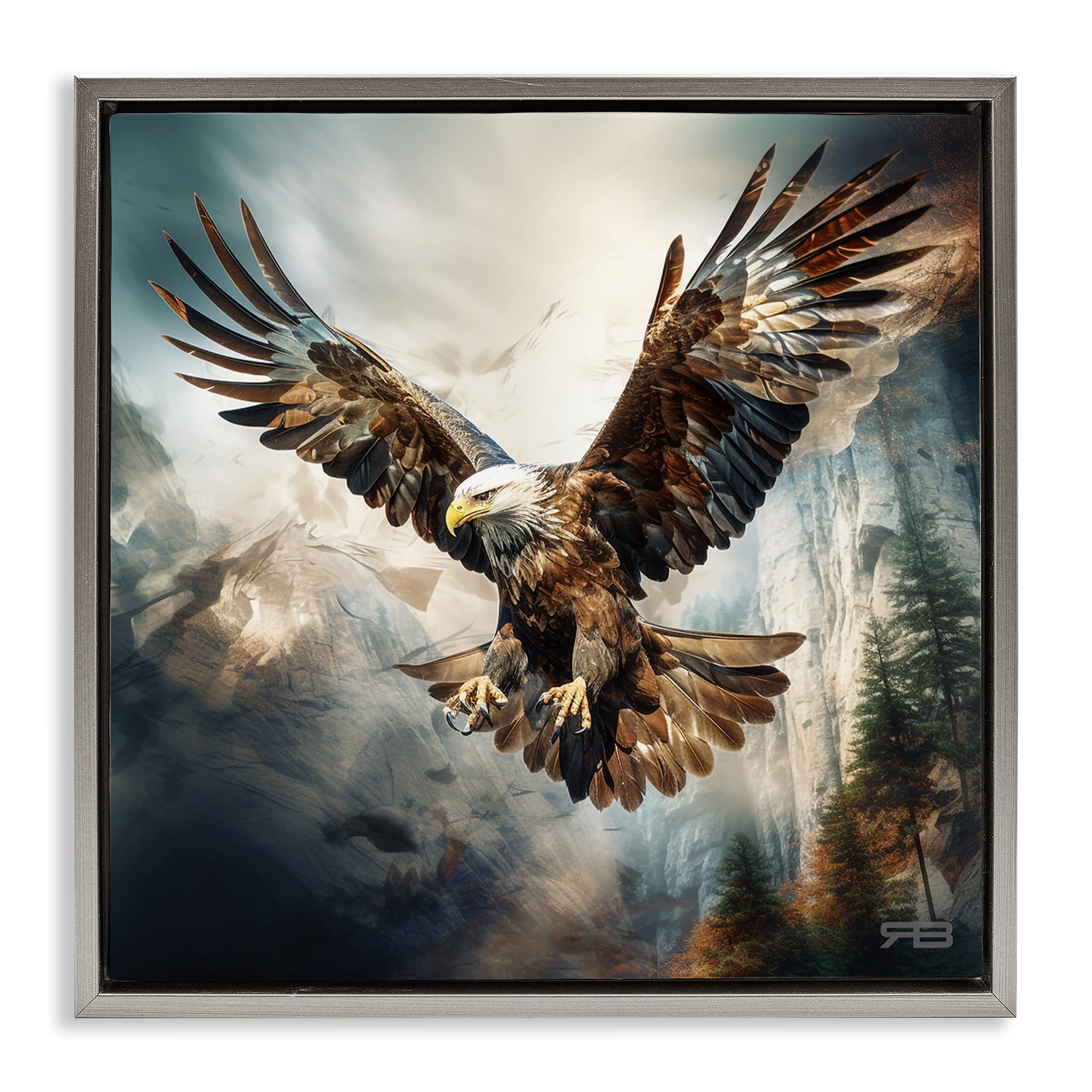 Stupell Industries Intense Eagle Spreading Wings Animals & Insects Painting Gray Floater Framed Canvas Art Print Wall Art, 18 x 18