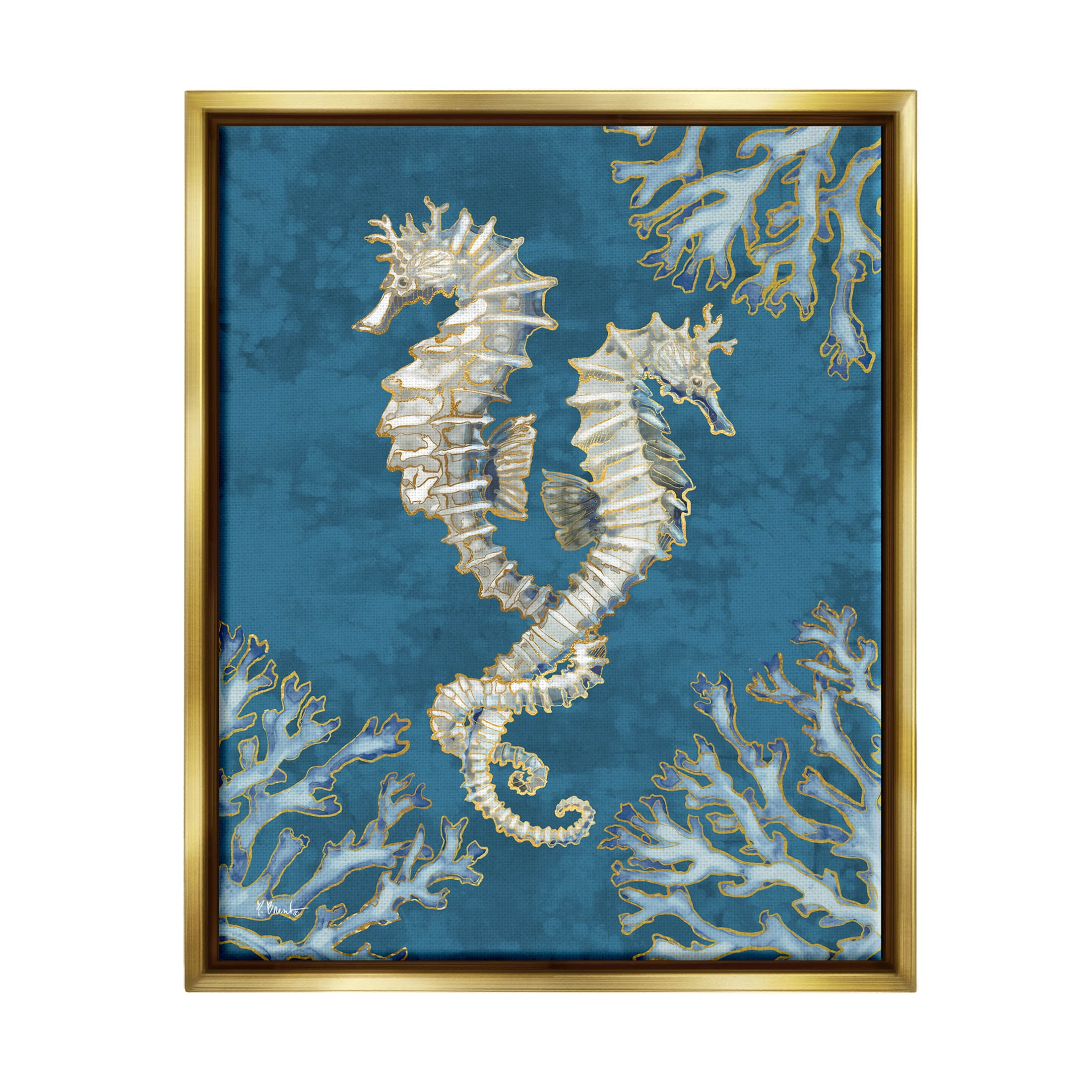 Stupell Industries Intertwined Seahorses Playa Sealife Graphic Art Metallic Gold Floating Framed Canvas Print Wall Art, Design by Paul Brent