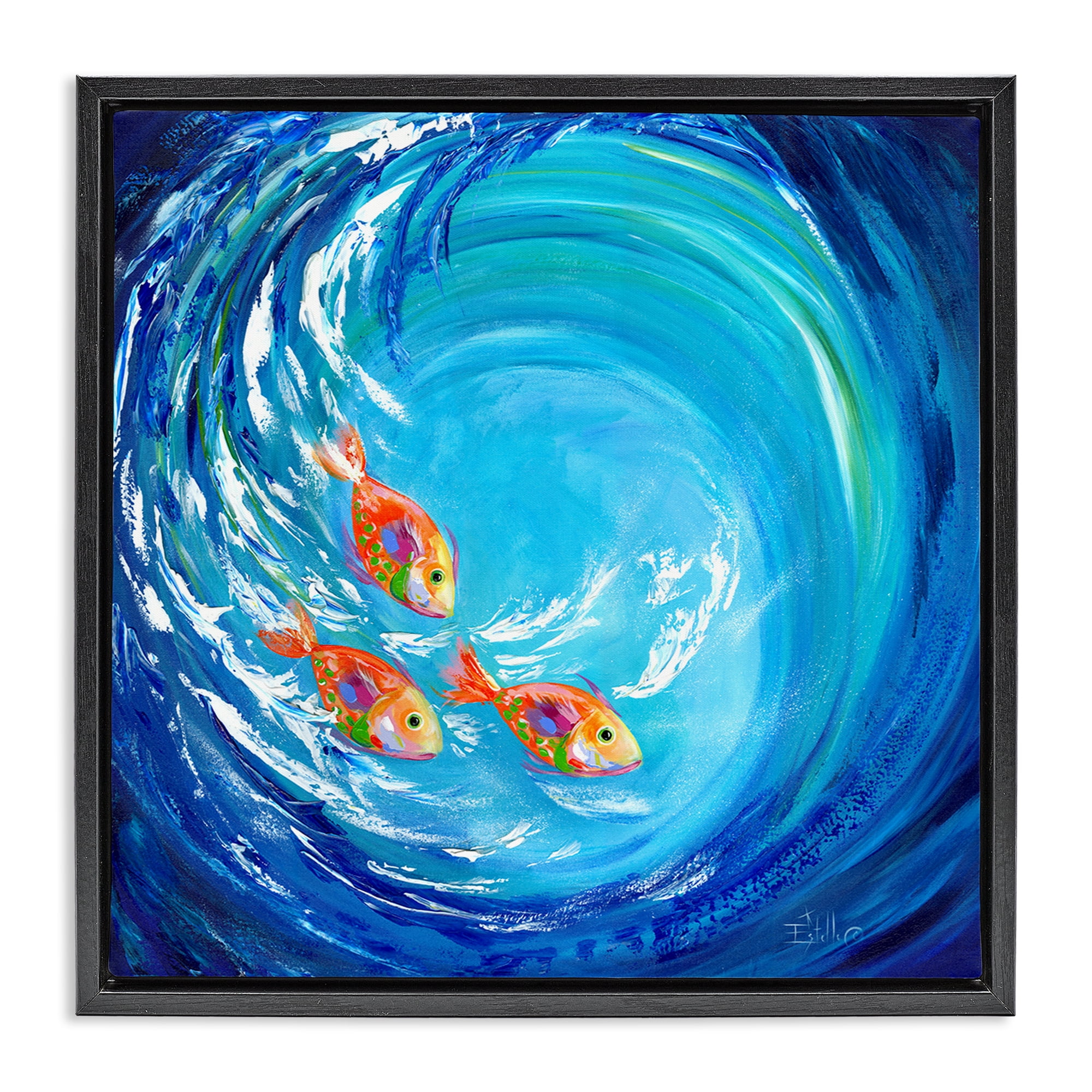 Stupell Industries Into The Blue Fish Landscape Painting Black Floater Framed Art Print Wall Art, 25 x 25
