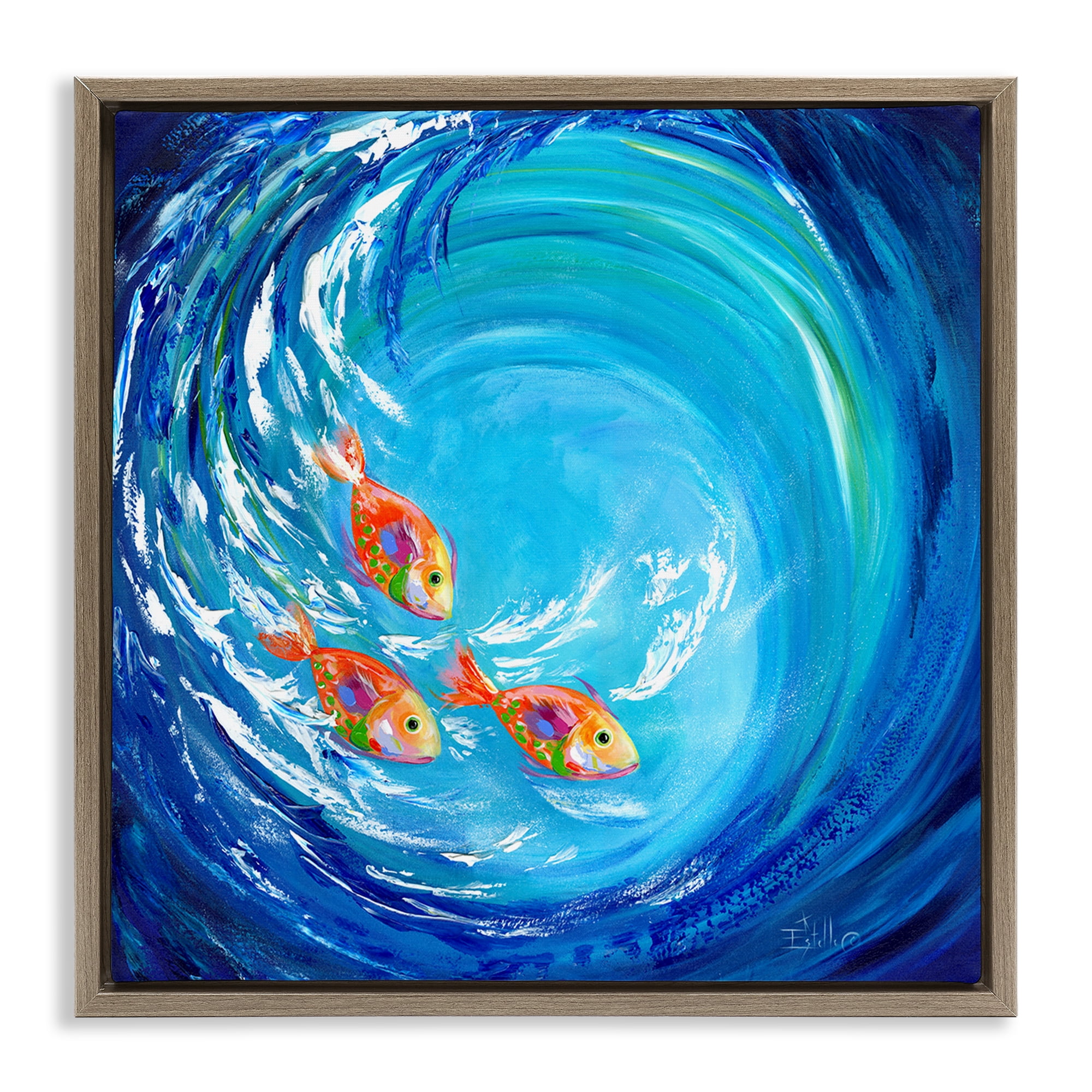 Stupell Industries Into The Blue Fish Landscape Painting Brown Floater Framed Art Print Wall Art, 25 x 25