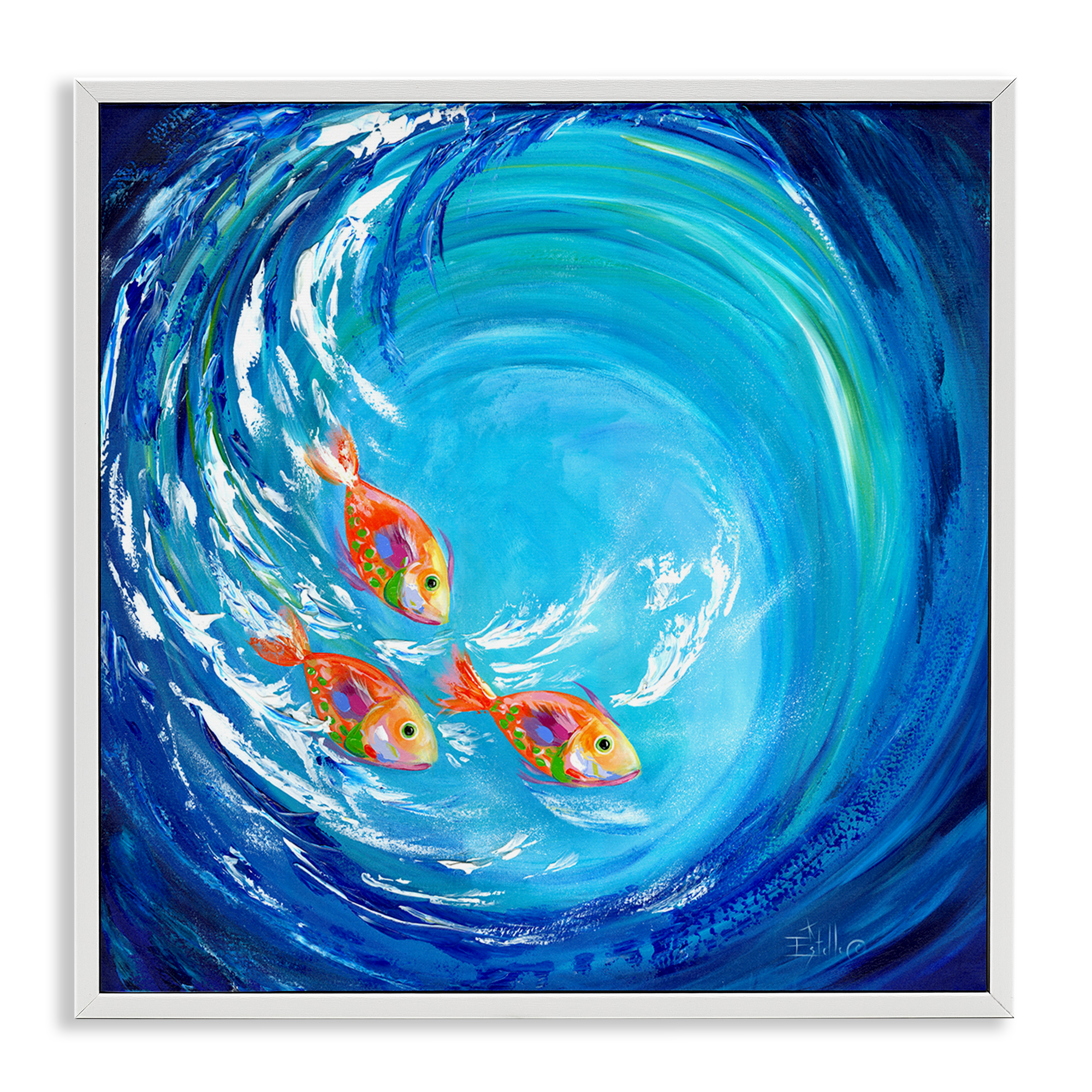 Stupell Industries Into The Blue Fish Landscape Painting White Framed Art Print Wall Art, 24 x 24