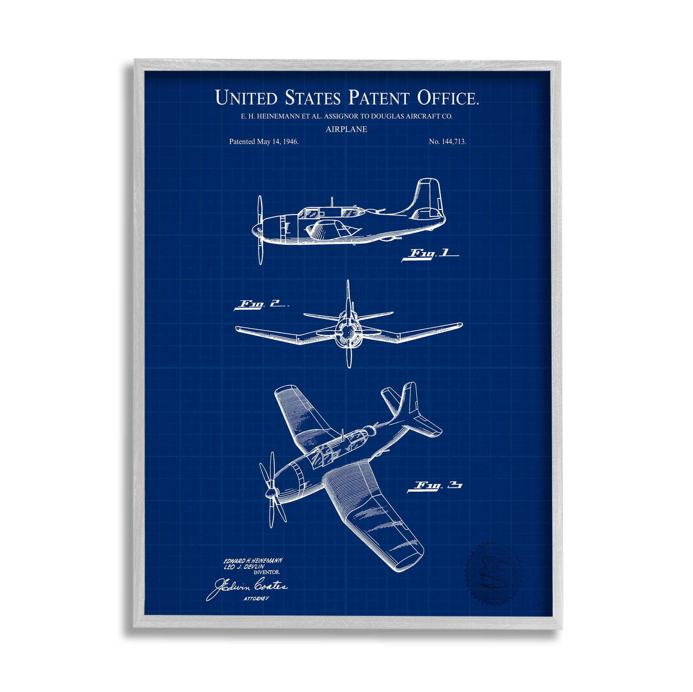 Stupell Industries Intricate Aircraft Vehicle Blueprint Graphic Art Gray Framed Art Print Wall Art, Design by Karl Hronek