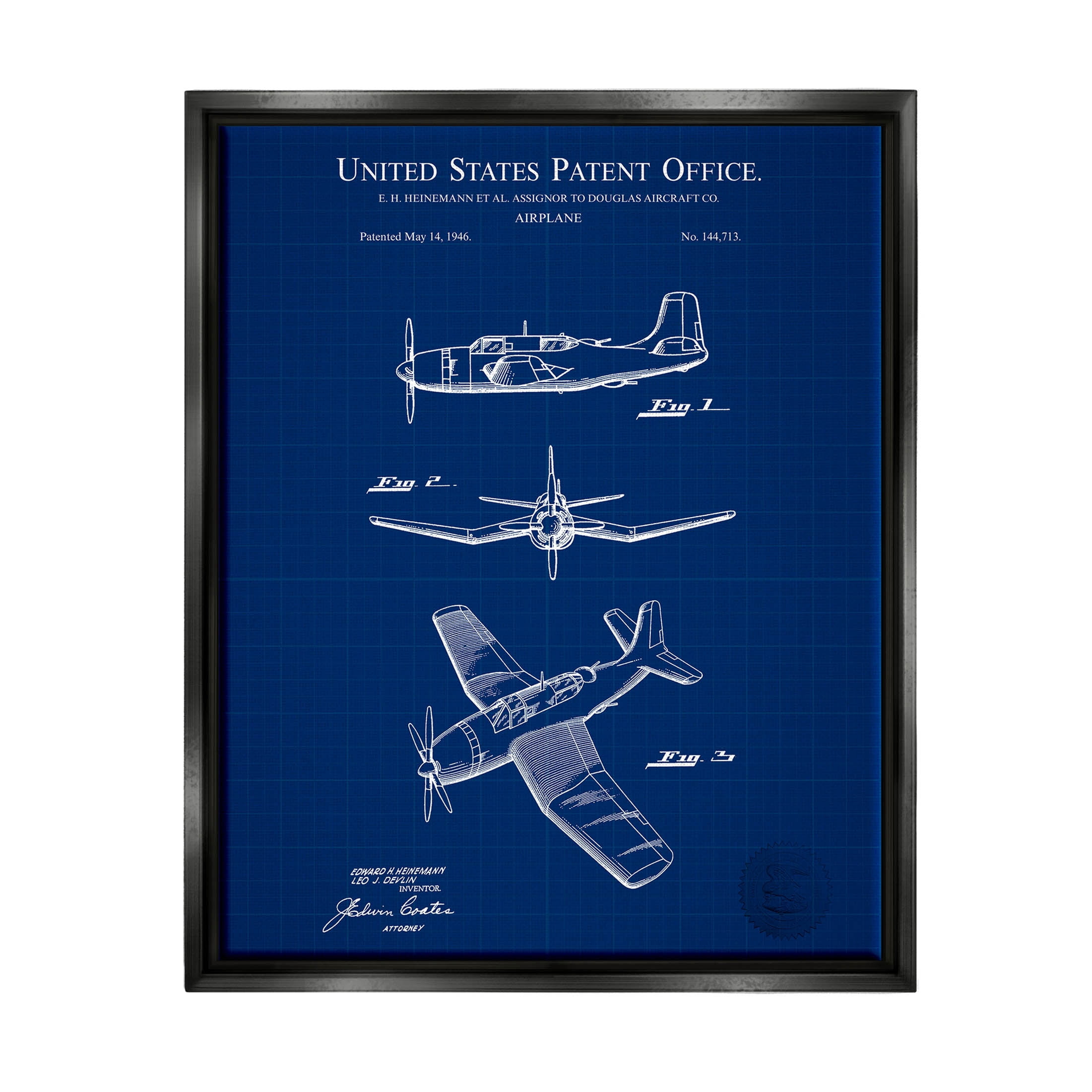Stupell Industries Intricate Aircraft Vehicle Blueprint Graphic Art Jet Black Floating Framed Canvas Print Wall Art, Design by Karl Hronek