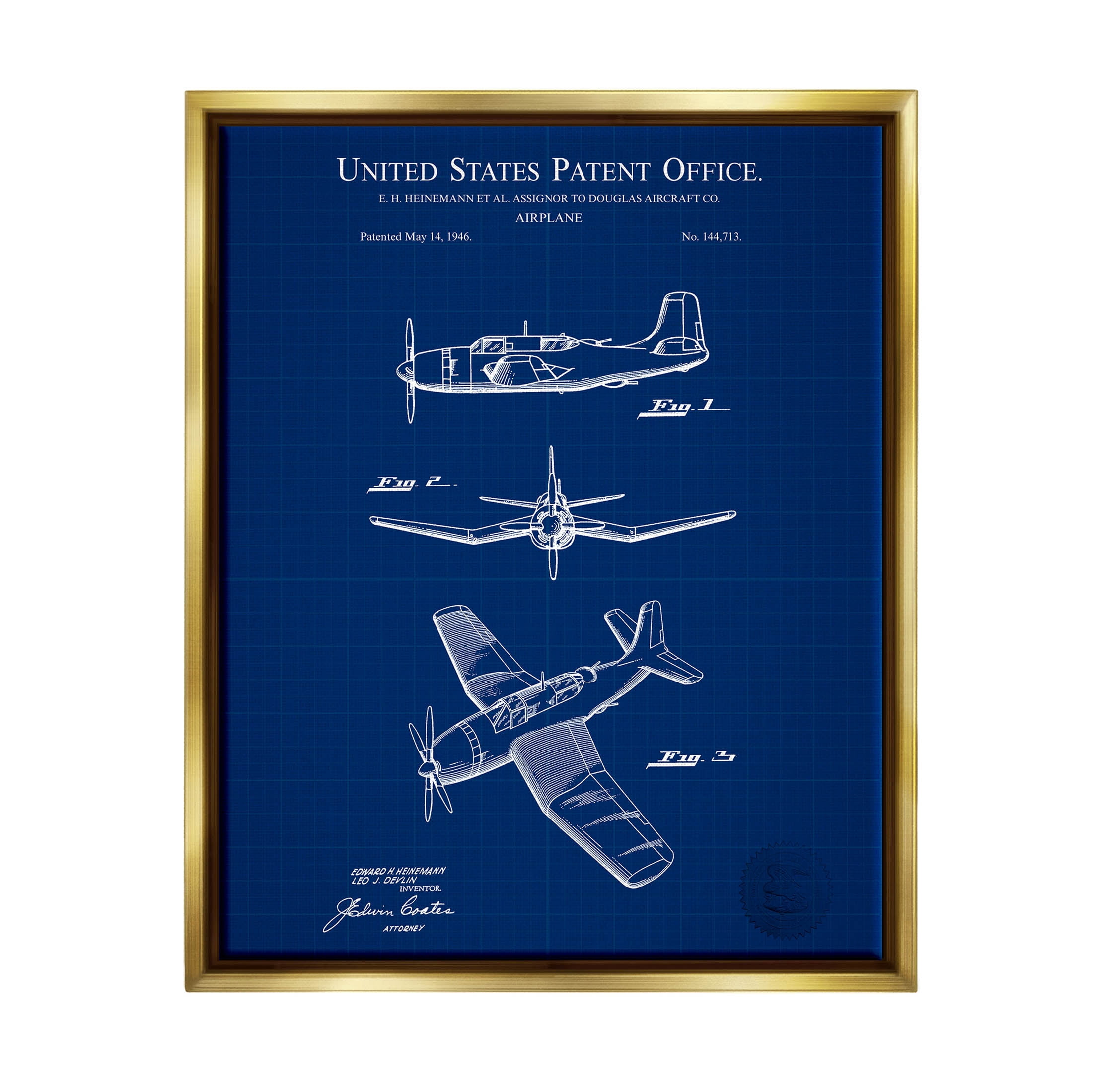 Stupell Industries Intricate Aircraft Vehicle Blueprint Graphic Art Metallic Gold Floating Framed Canvas Print Wall Art, Design by Karl Hronek