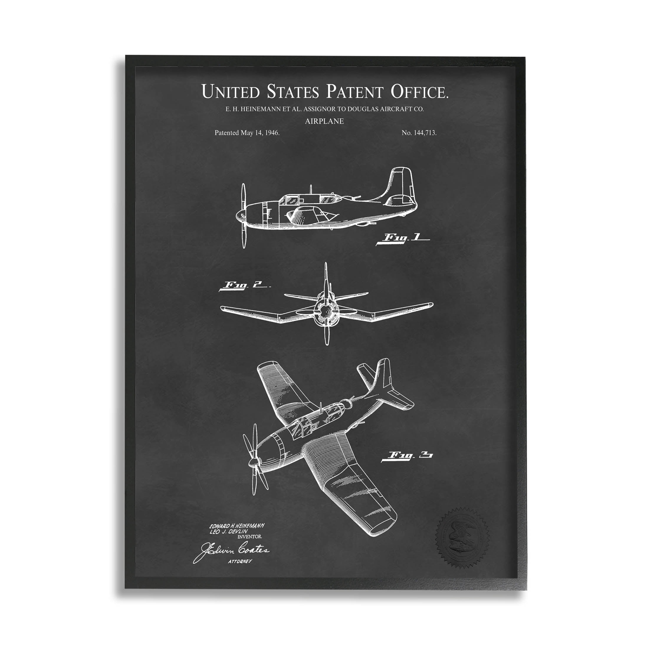 Stupell Industries Intricate Airplane Blueprint Chart Graphic Art Black Framed Art Print Wall Art, Design by Karl Hronek