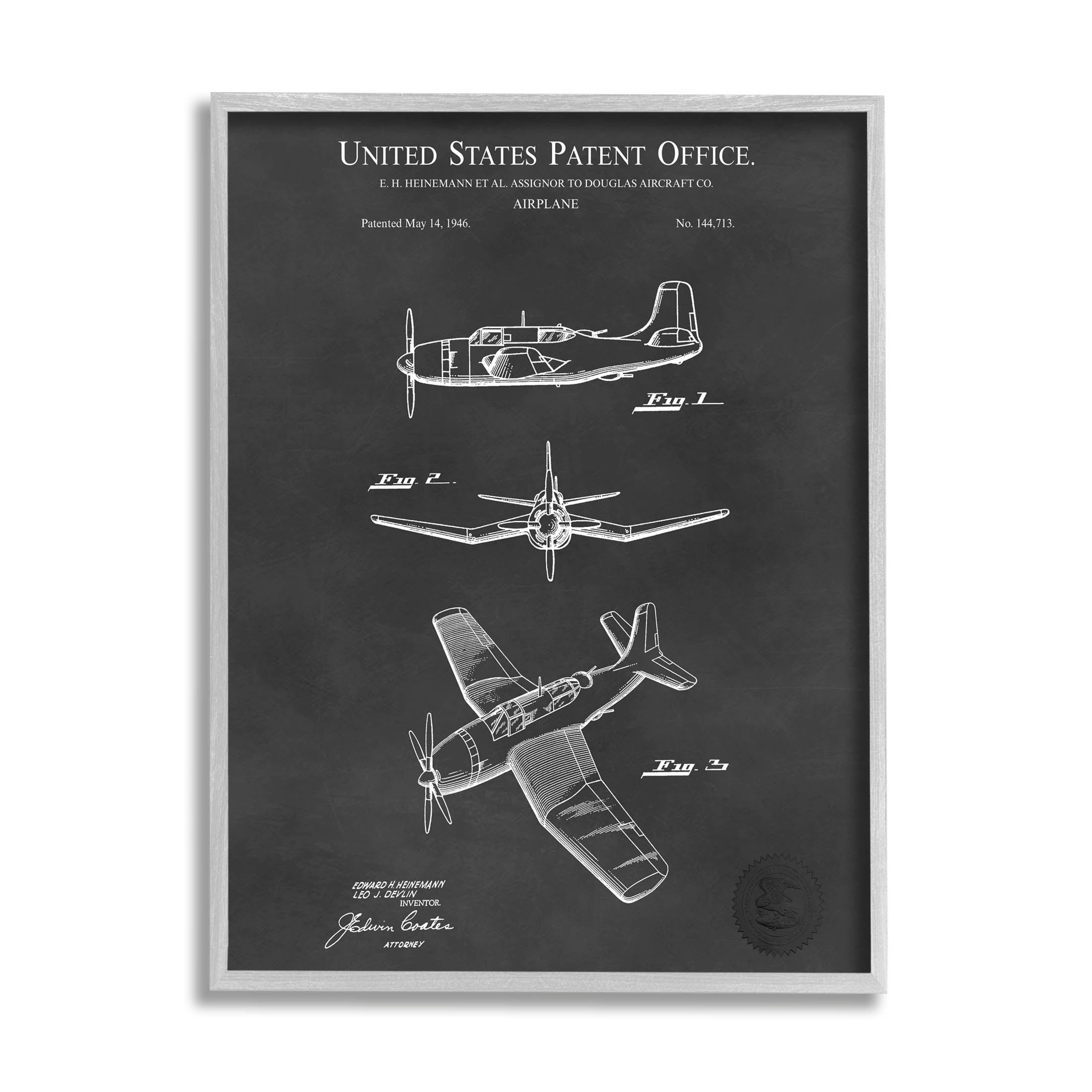 Stupell Industries Intricate Airplane Blueprint Chart Graphic Art Gray Framed Art Print Wall Art, Design by Karl Hronek