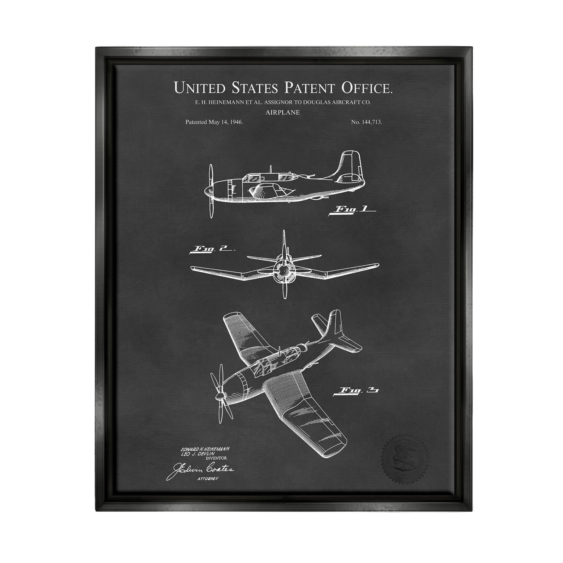 Stupell Industries Intricate Airplane Blueprint Chart Graphic Art Jet Black Floating Framed Canvas Print Wall Art, Design by Karl Hronek