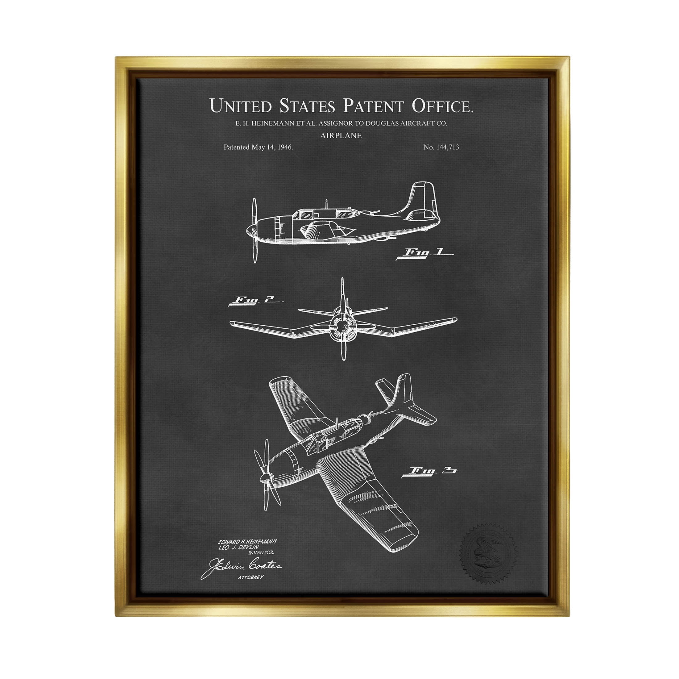 Stupell Industries Intricate Airplane Blueprint Chart Graphic Art Metallic Gold Floating Framed Canvas Print Wall Art, Design by Karl Hronek