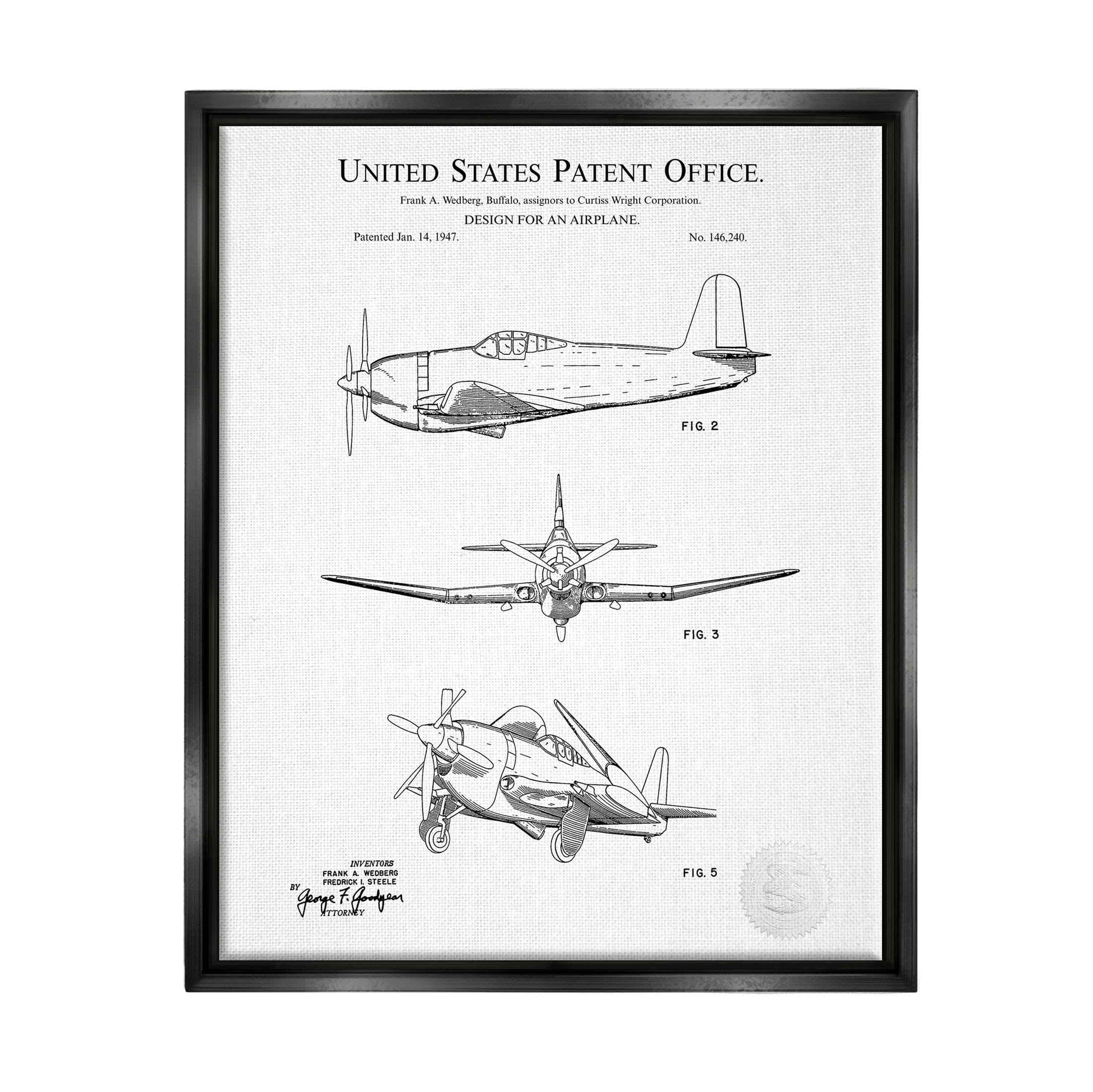 Stupell Industries Intricate Airplane Diagram Graphic Art Jet Black Floating Framed Canvas Print Wall Art, Design by Karl Hronek